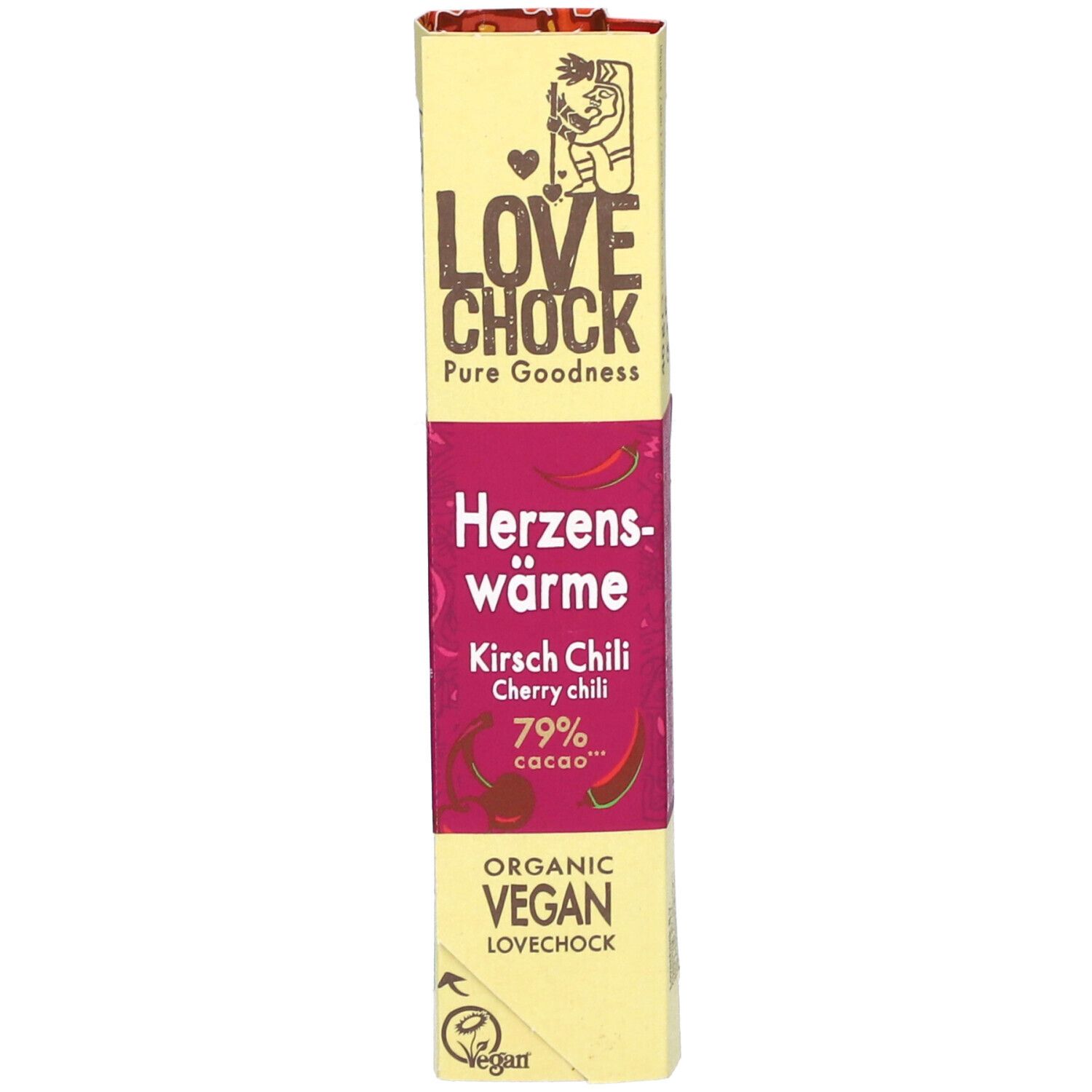Emballage Lovechock Herzenswärme. Jaune-rose, texte: Herzenswärme, Kirsch Chili, 79% Cacao, Organic Vegan.