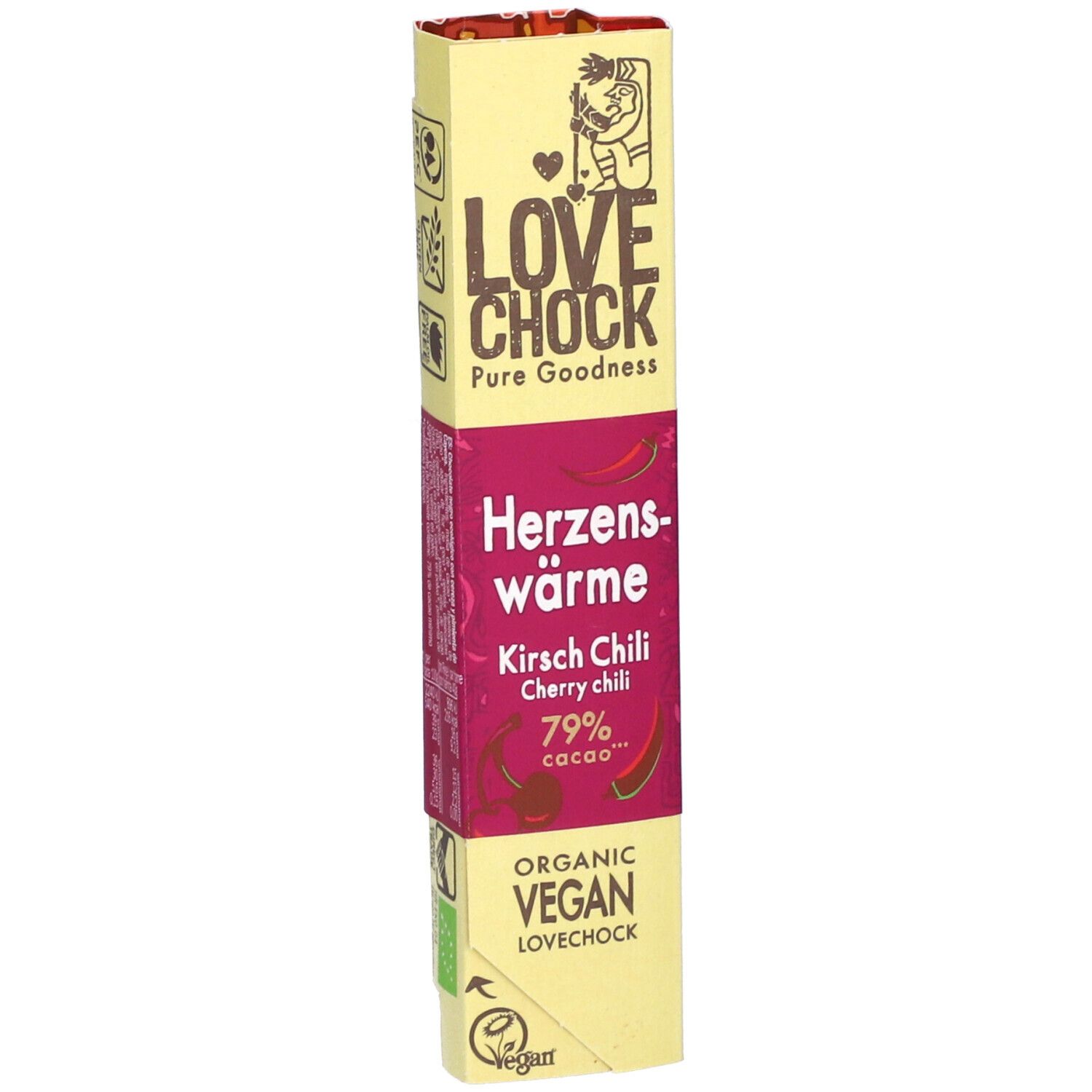 Emballage Lovechock Herzenswärme. Jaune-rose, texte: Herzenswärme, Kirsch Chili, 79% Cacao, Organic Vegan.