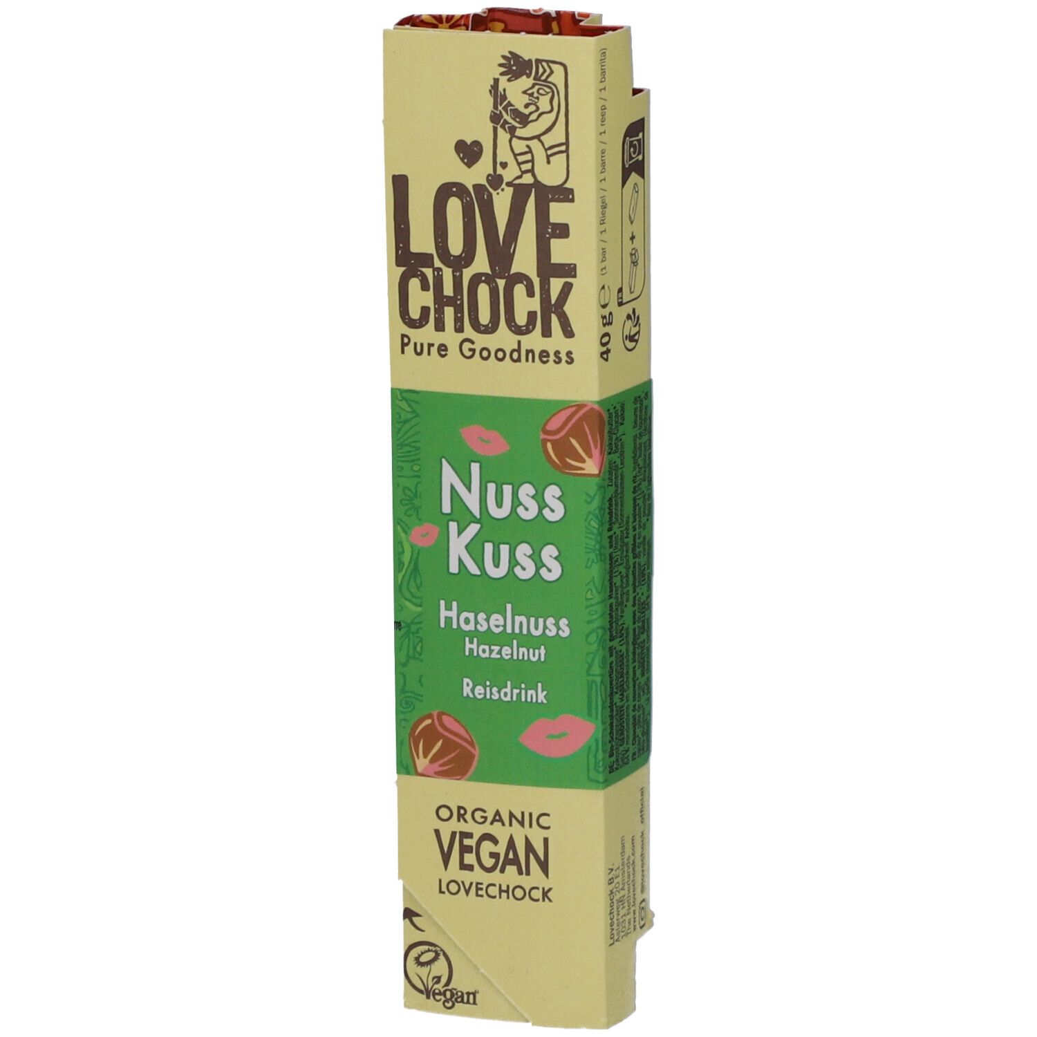 Emballage Lovechock Nuss Kuss. Inscription : Nuss Kuss, noisette, boisson de riz. Vegan, bio.