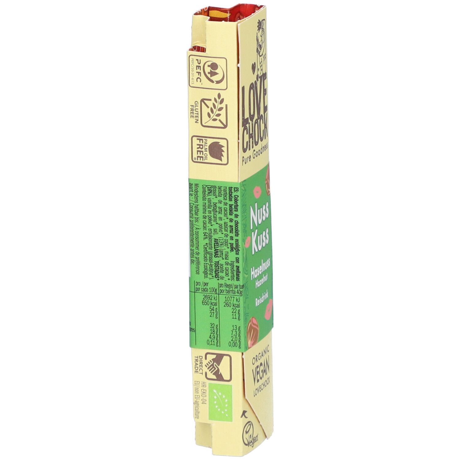 Emballage Lovechock Nuss Kuss. Inscription : Nuss Kuss, noisette, boisson de riz. Vegan, bio. Sans gluten.