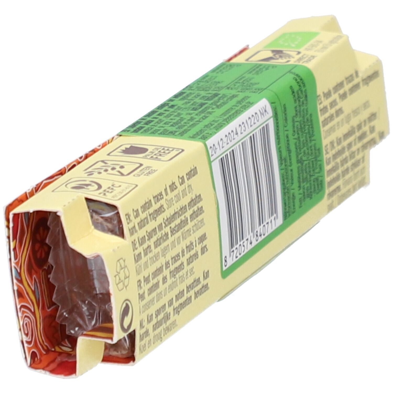 Emballage Lovechock Nuss Kuss ouvert. Code-barres, texte multilingue. Chocolat visible.