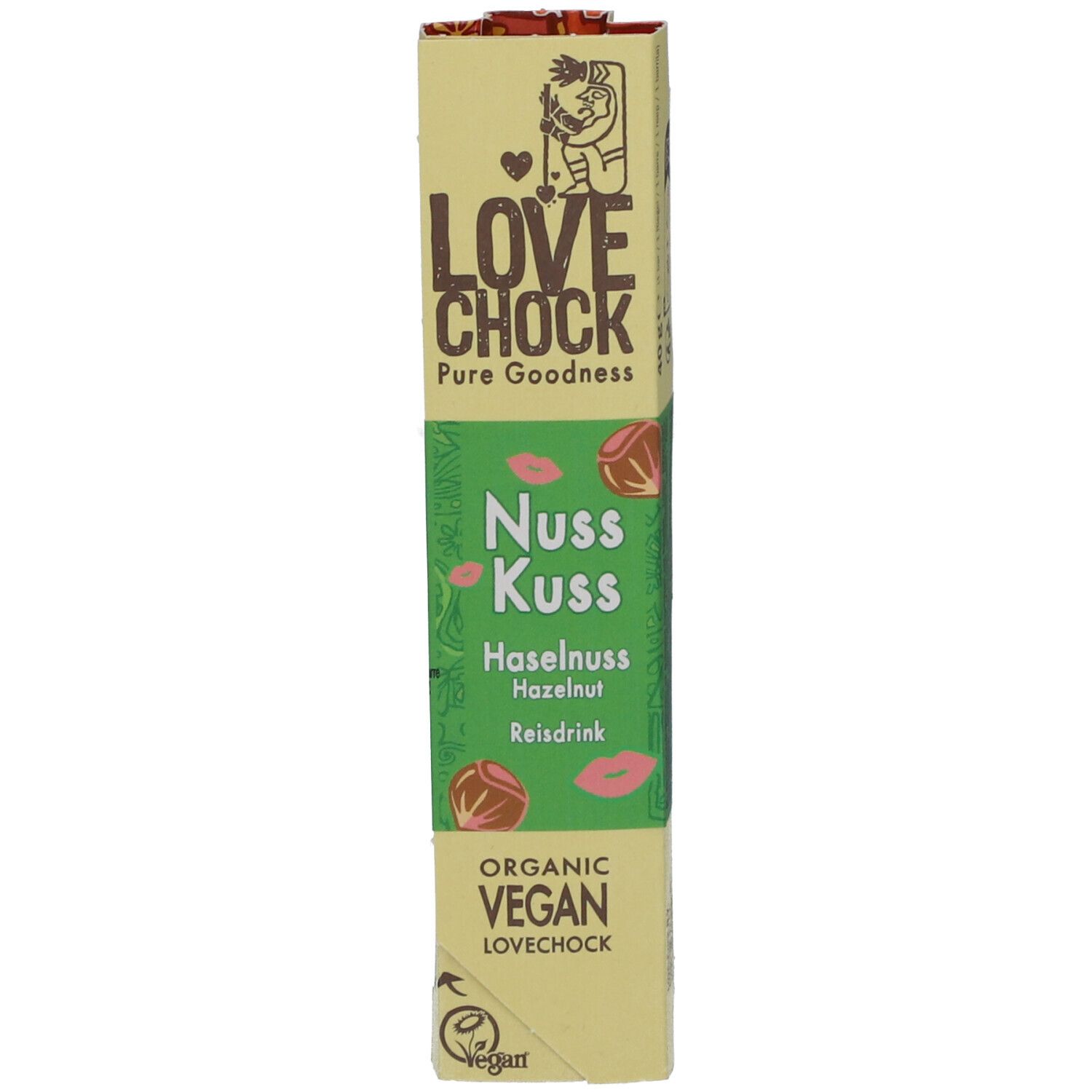 Emballage Lovechock Nuss Kuss. Inscription : Nuss Kuss, noisette, boisson de riz. Vegan, bio.
