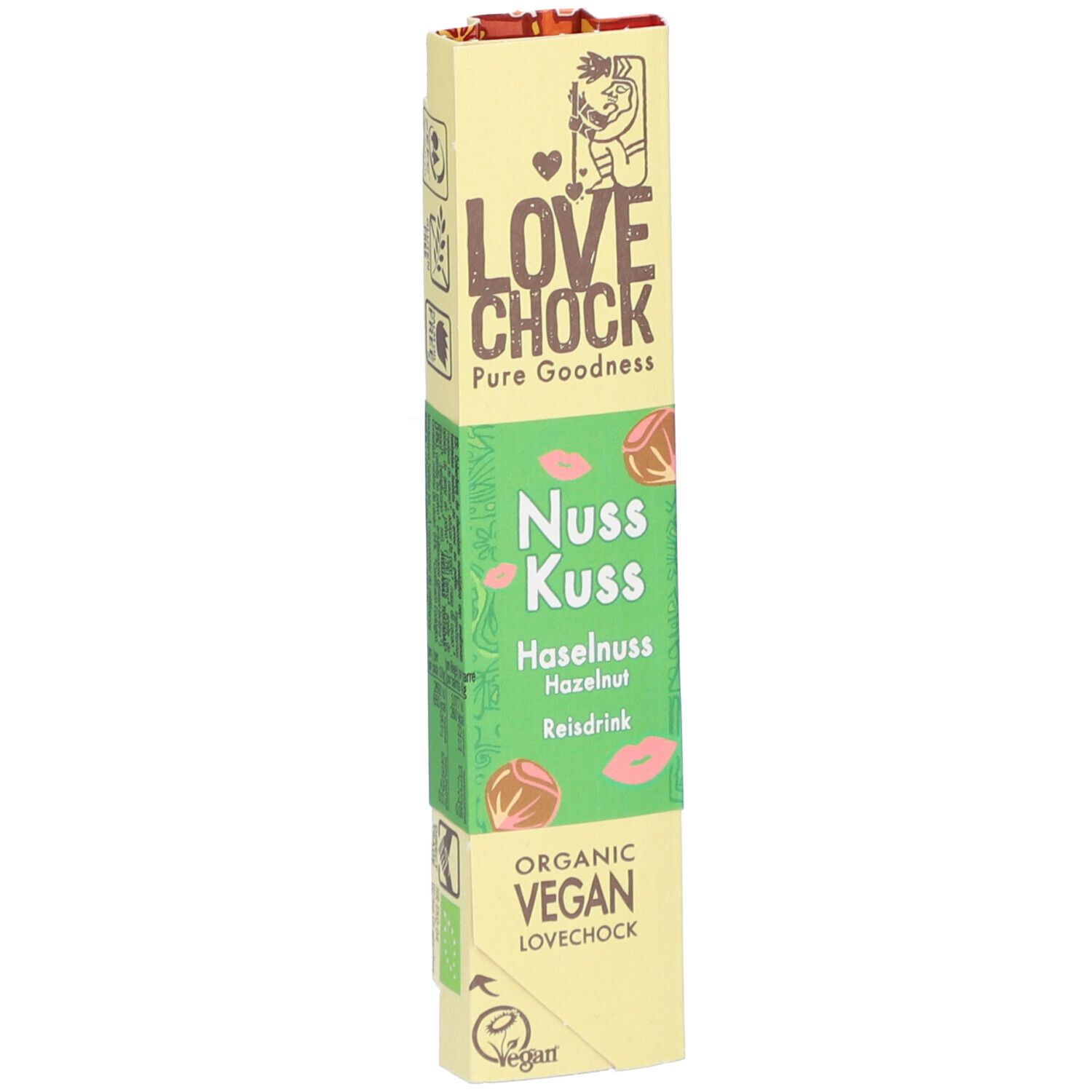 Emballage Lovechock Nuss Kuss. Inscription : Nuss Kuss, noisette, boisson de riz. Vegan, bio.