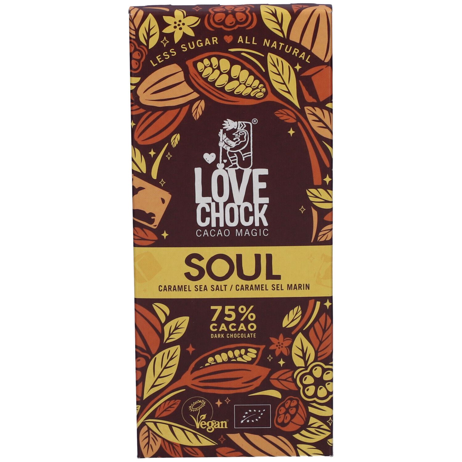 Tablette de chocolat Lovechock Soul Karamell & Meersalz. Emballage marron avec logo et texte. 75% cacao, vegan.