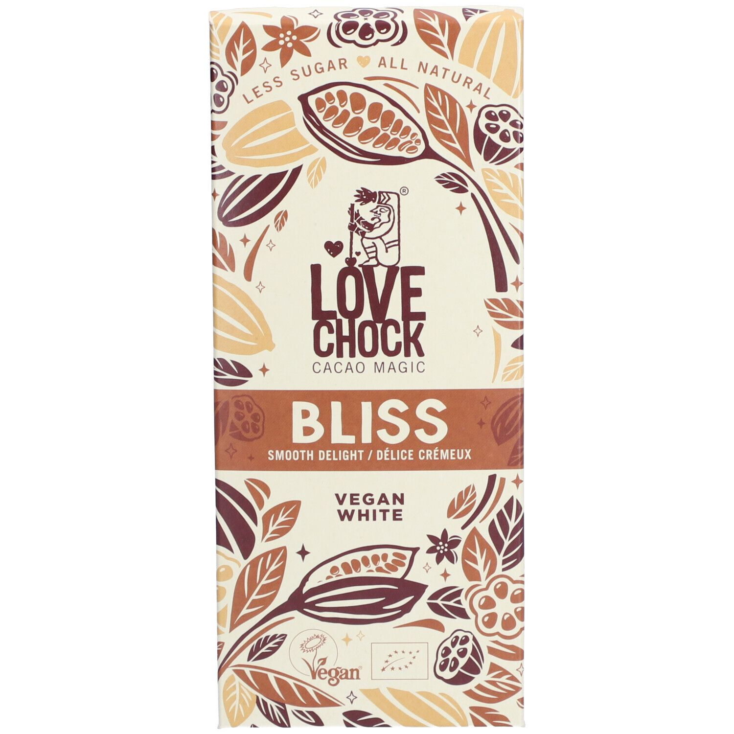 Tablette de chocolat "LOVE CHOCK BLISS VEGAN WHITE". Emballage avec motifs de cacao et label bio.