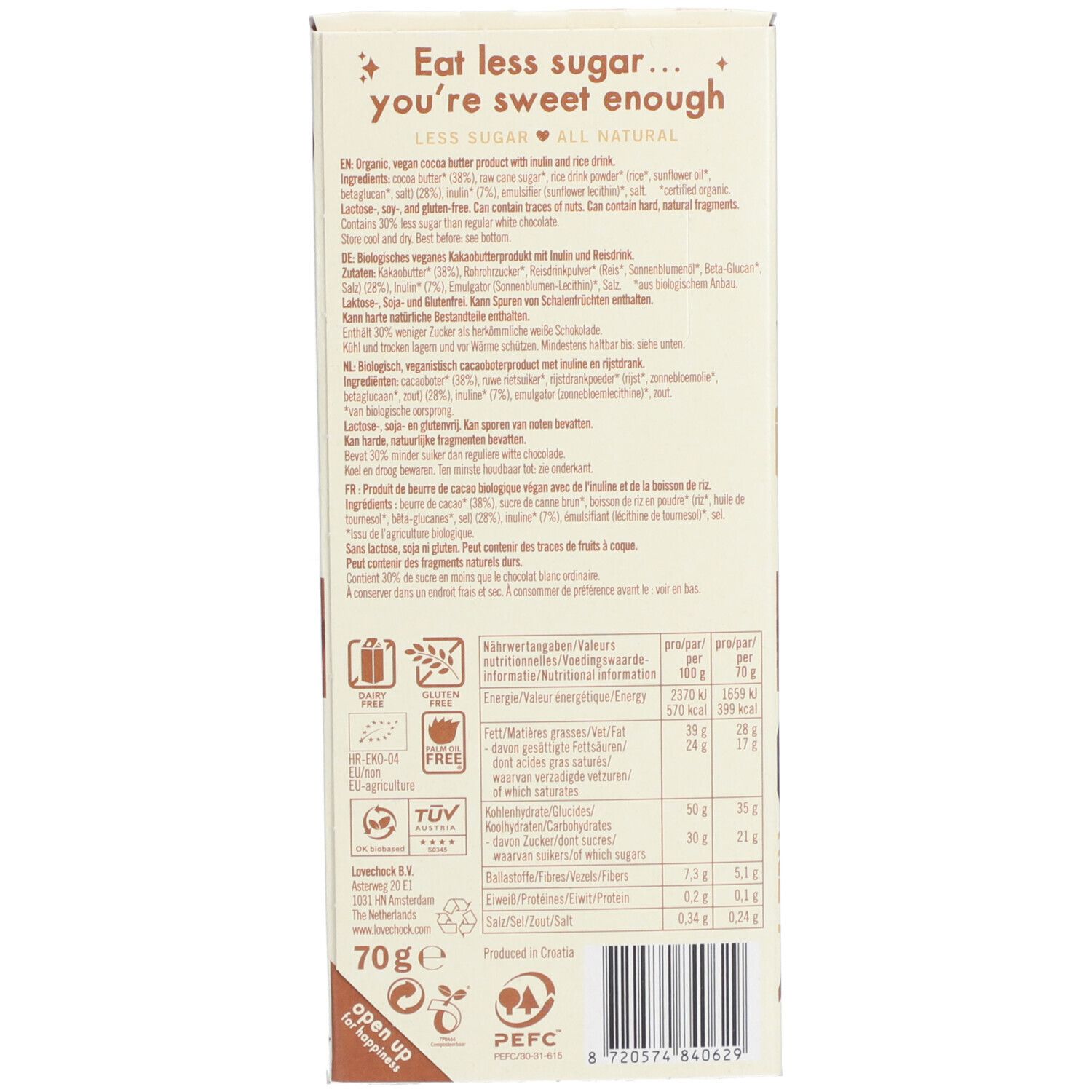 Dos de l'emballage de chocolat avec liste d'ingrédients, informations nutritionnelles, label bio et indication "70g".