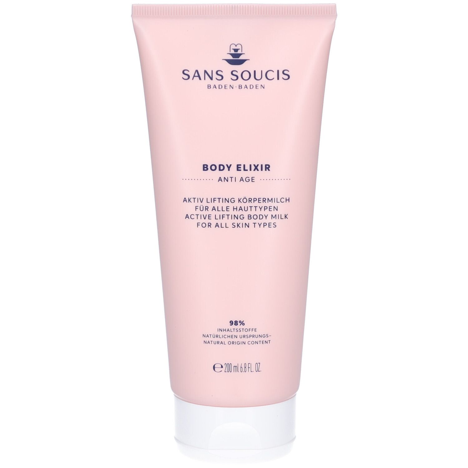 Tube rose avec texte blanc. "Sans Soucis" et "Body Elixir Anti Age" visibles. Contient 98% d'ingrédients d'origine naturelle.