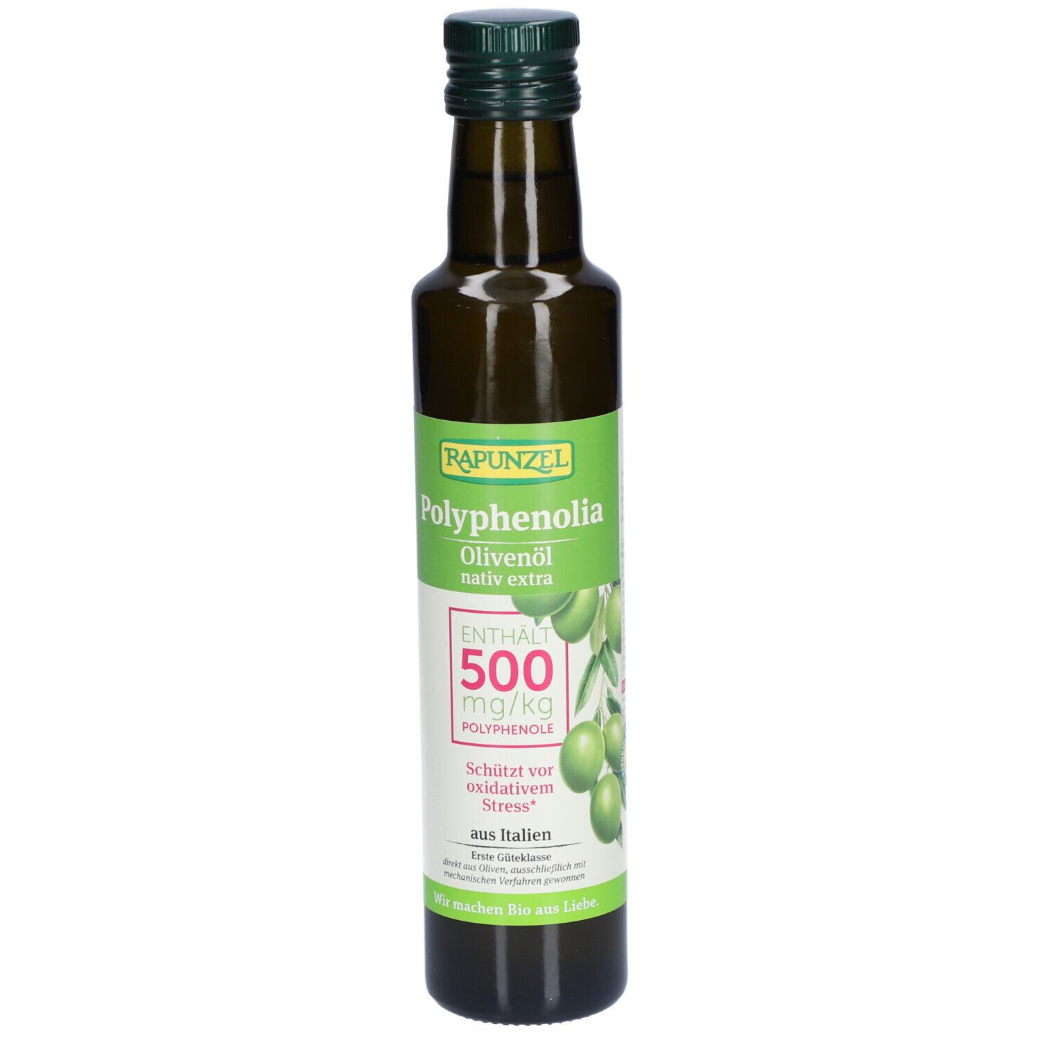 Bouteille en verre vert d'huile d'olive. Étiquette avec nom du produit, olives et texte. Bouchon vert.