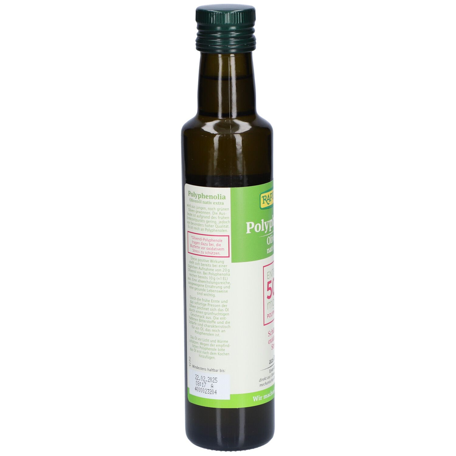 Bouteille en verre vert d'huile d'olive. Dos avec texte et étiquette. Bouchon vert.