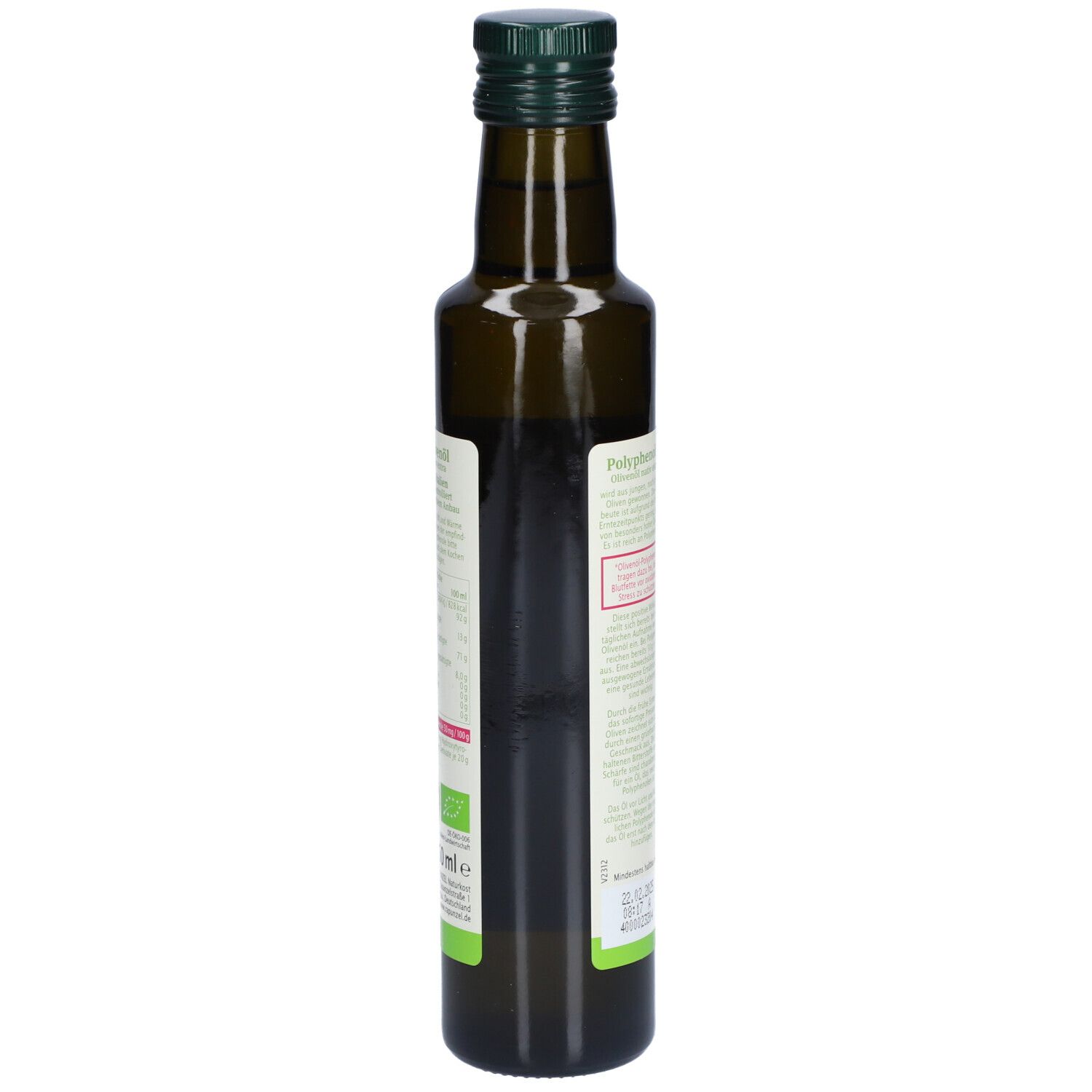 Bouteille en verre vert d'huile d'olive. Vue latérale avec texte et étiquette. Bouchon vert.