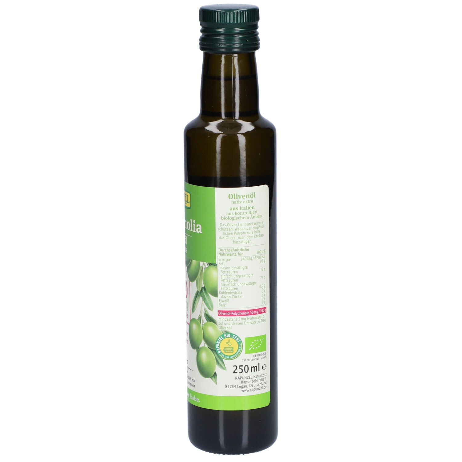 Bouteille en verre vert d'huile d'olive. Dos avec texte et étiquette. Bouchon vert. 250 ml.