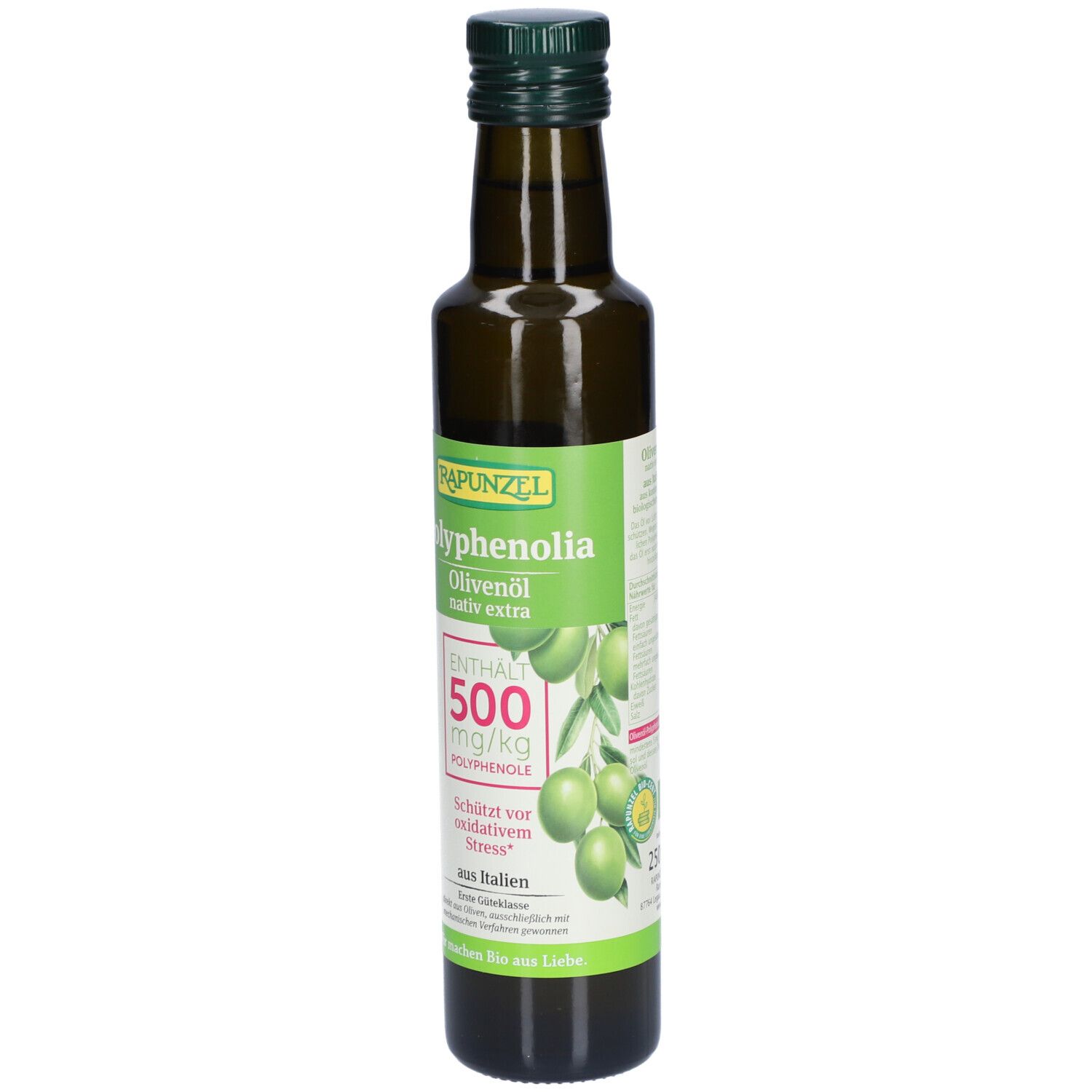 Bouteille en verre vert d'huile d'olive. Étiquette avec nom, olives et texte. Bouchon vert.