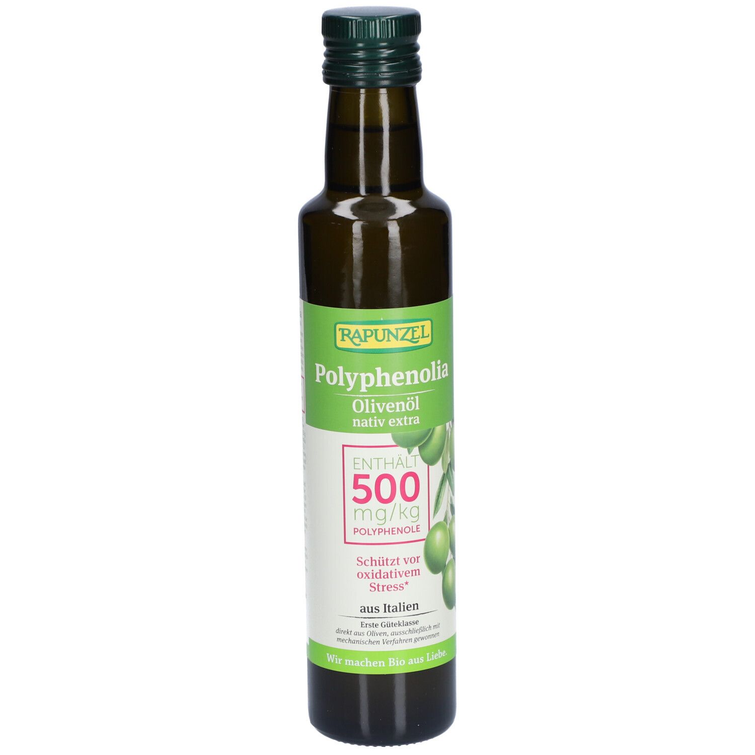 Bouteille en verre vert d'huile d'olive. Étiquette avec nom, olives et texte. Bouchon vert.