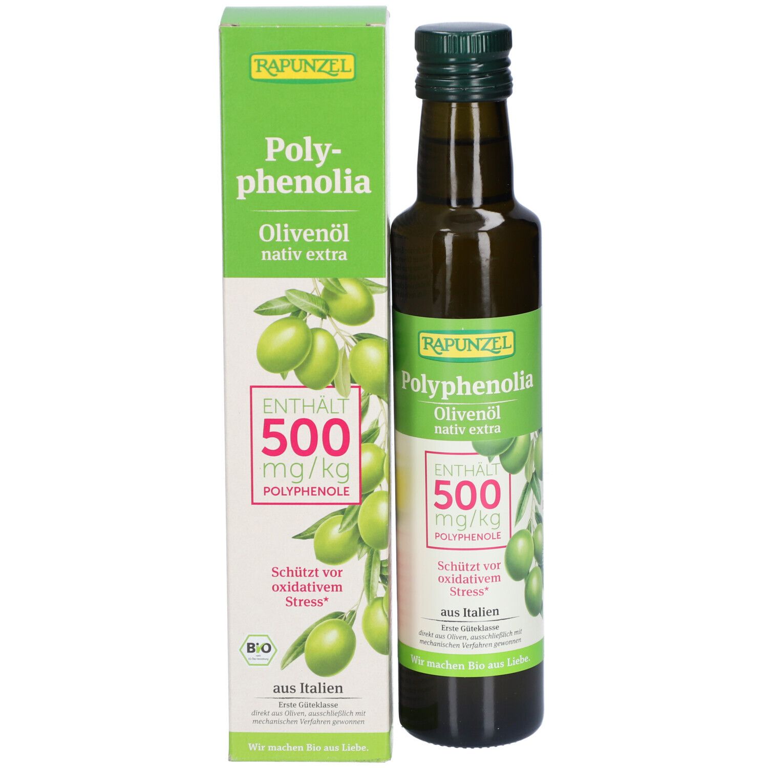 Bouteille d'huile d'olive à côté de l'emballage. Bouteille avec étiquette, emballage avec texte et olives.