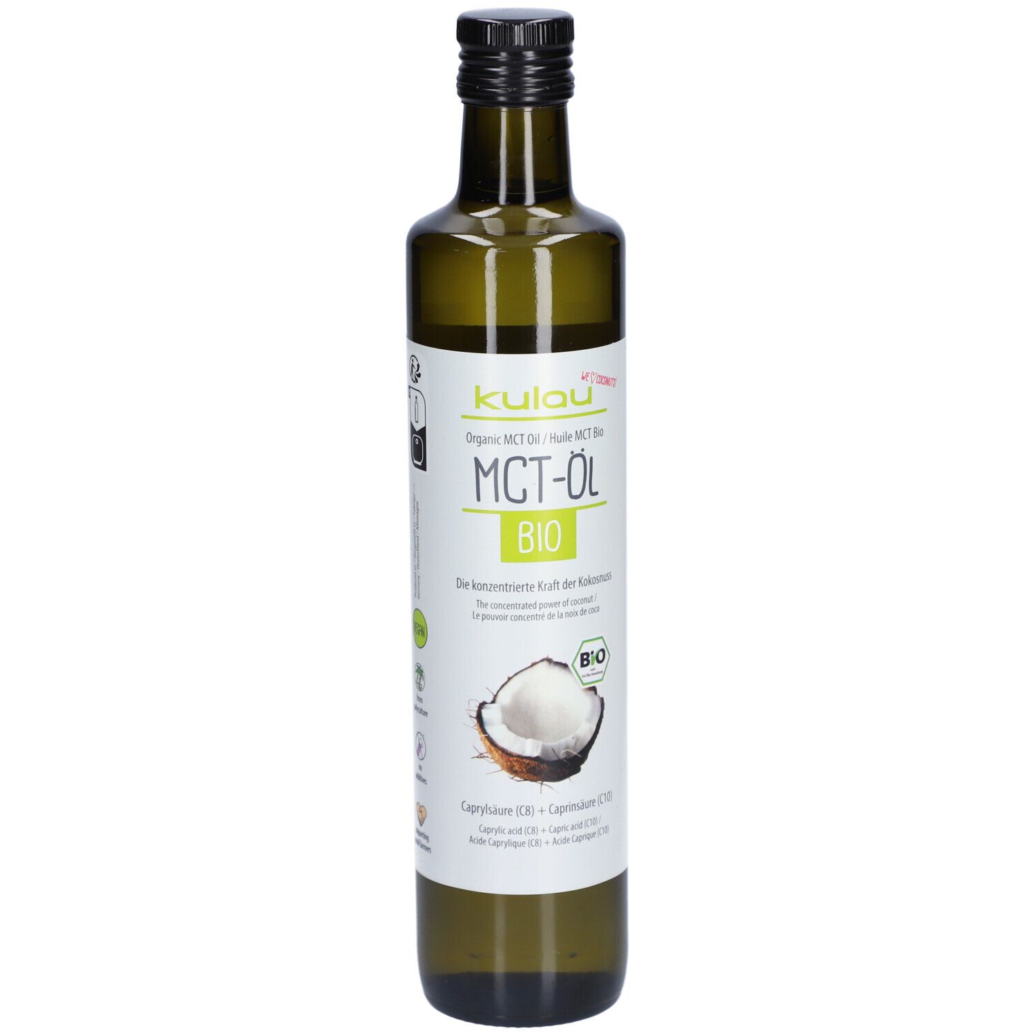 Bouteille en verre vert avec bouchon noir. Inscription : KULAU Bio MCT-Öl. Label bio et illustration de noix de coco.