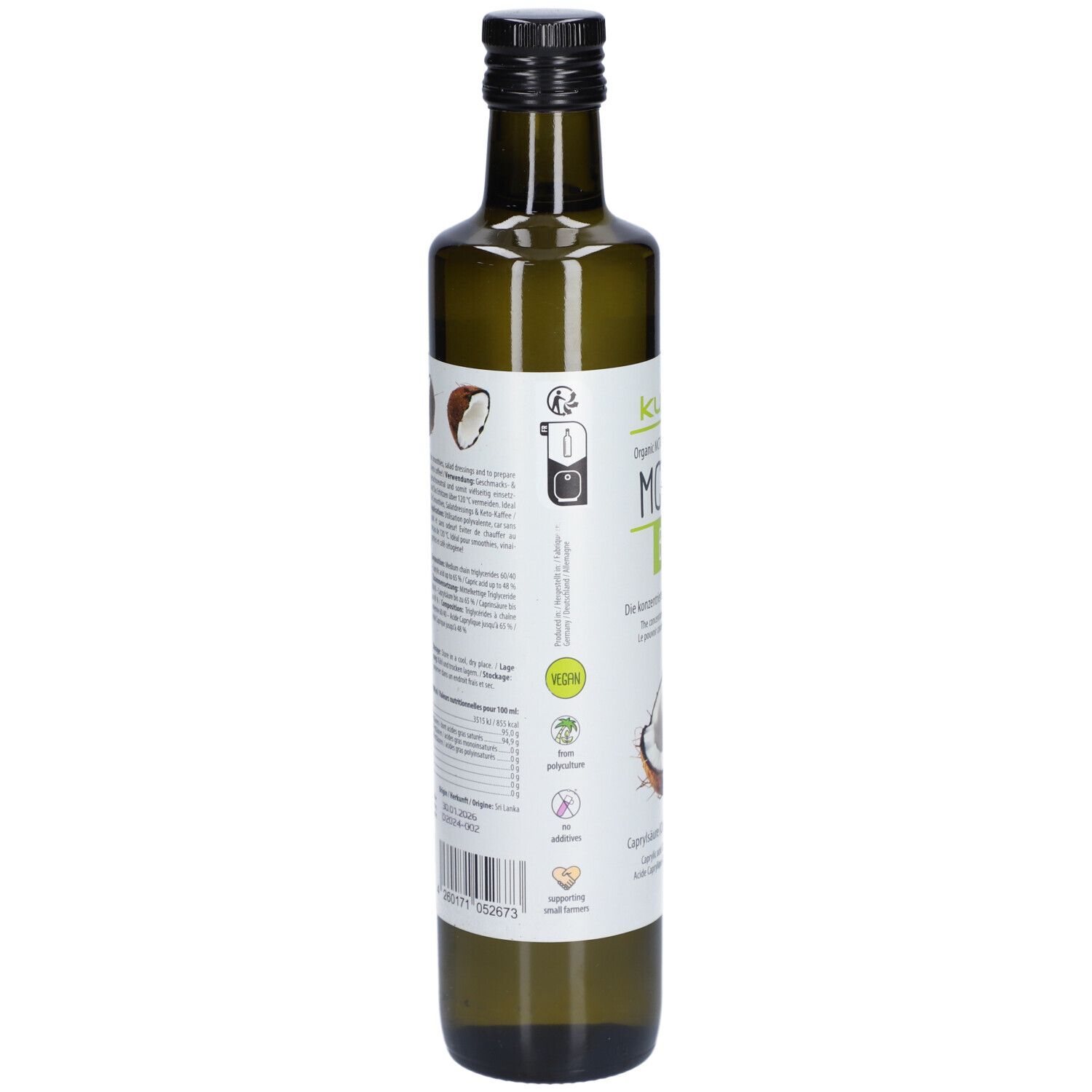 Dos d'une bouteille en verre vert. Texte et informations sur le produit. Label bio et code-barres.