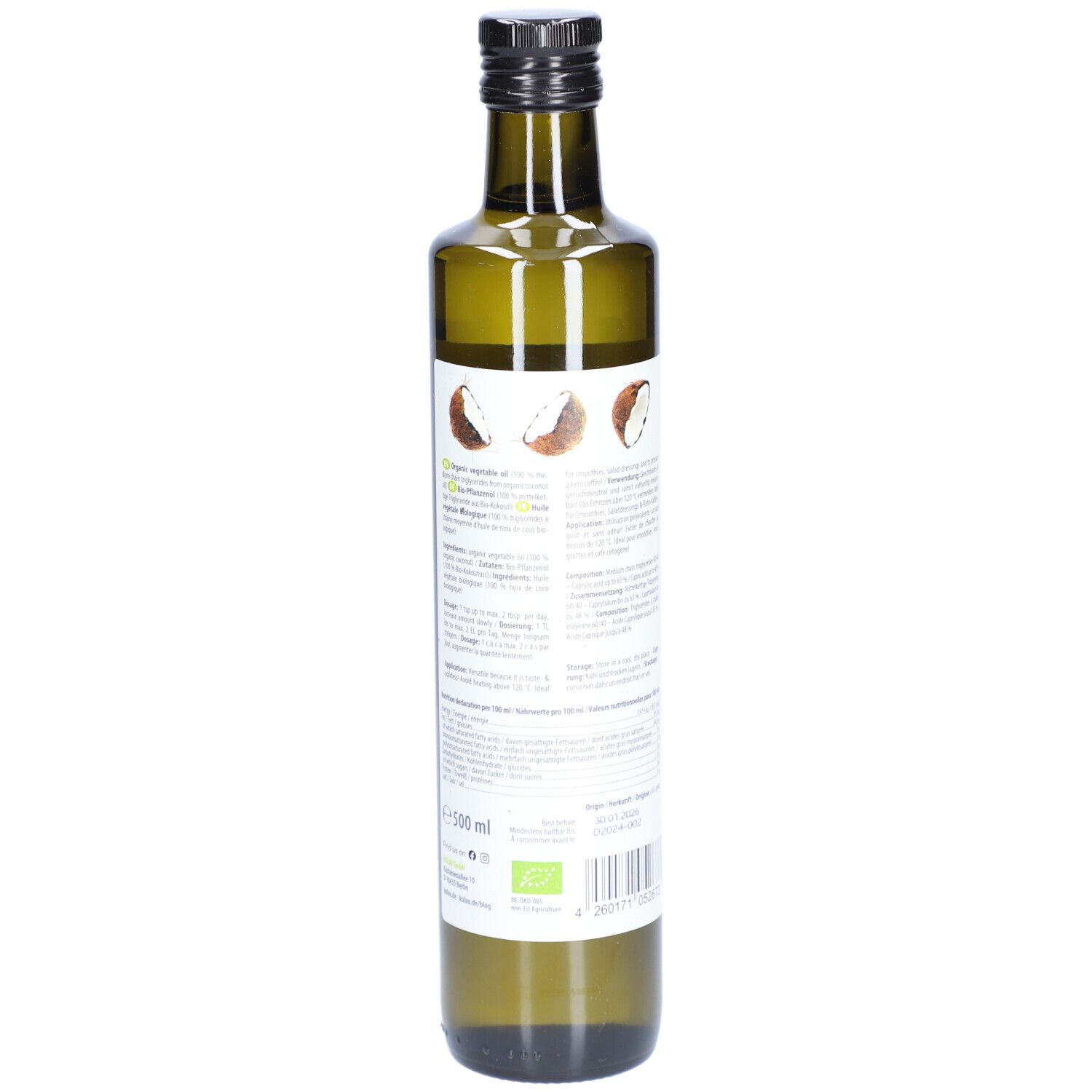 Dos d'une bouteille en verre vert. Texte et informations sur le produit. Label bio et illustrations de noix de coco.
