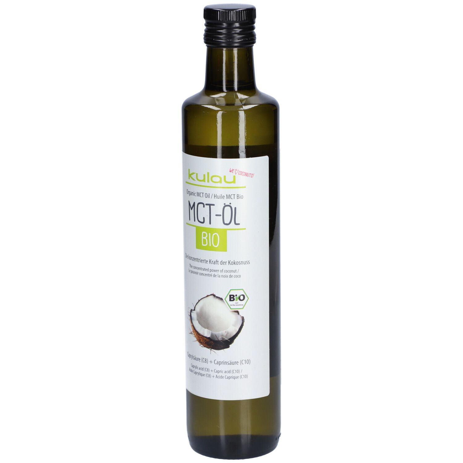 Bouteille en verre vert avec bouchon noir. Inscription : KULAU Bio MCT-Öl. Label bio et illustration de noix de coco.