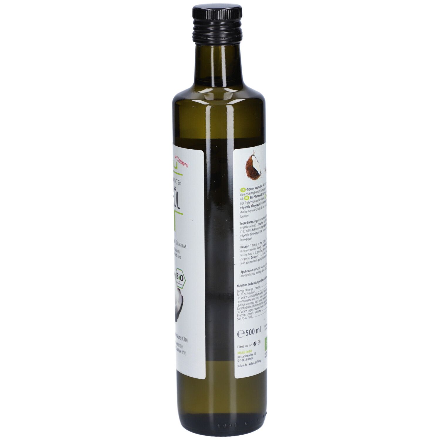 Dos d'une bouteille en verre vert. Texte et informations sur le produit. Label bio et code-barres.