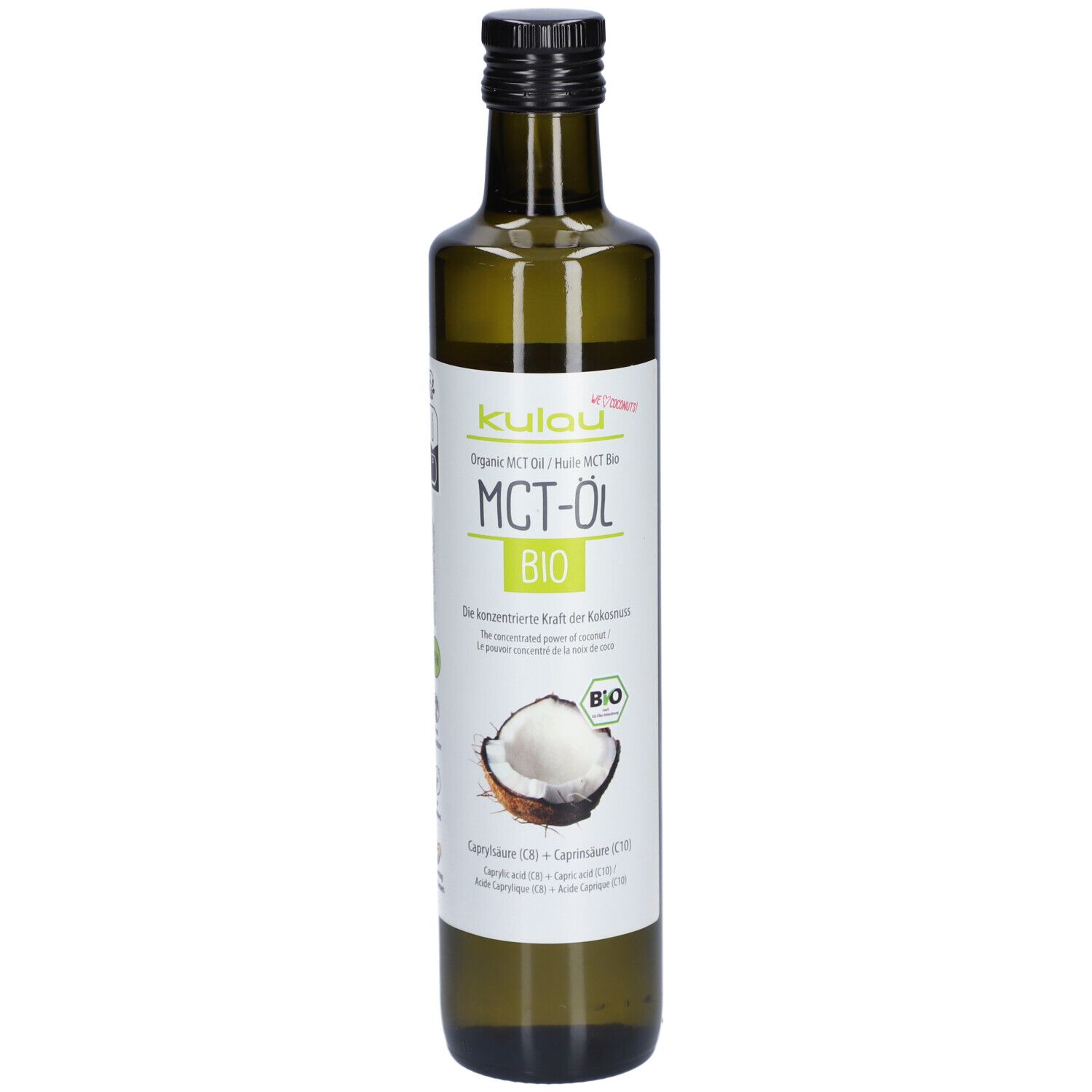 Bouteille en verre vert avec bouchon noir. Inscription : KULAU Bio MCT-Öl. Label bio et illustration de noix de coco.