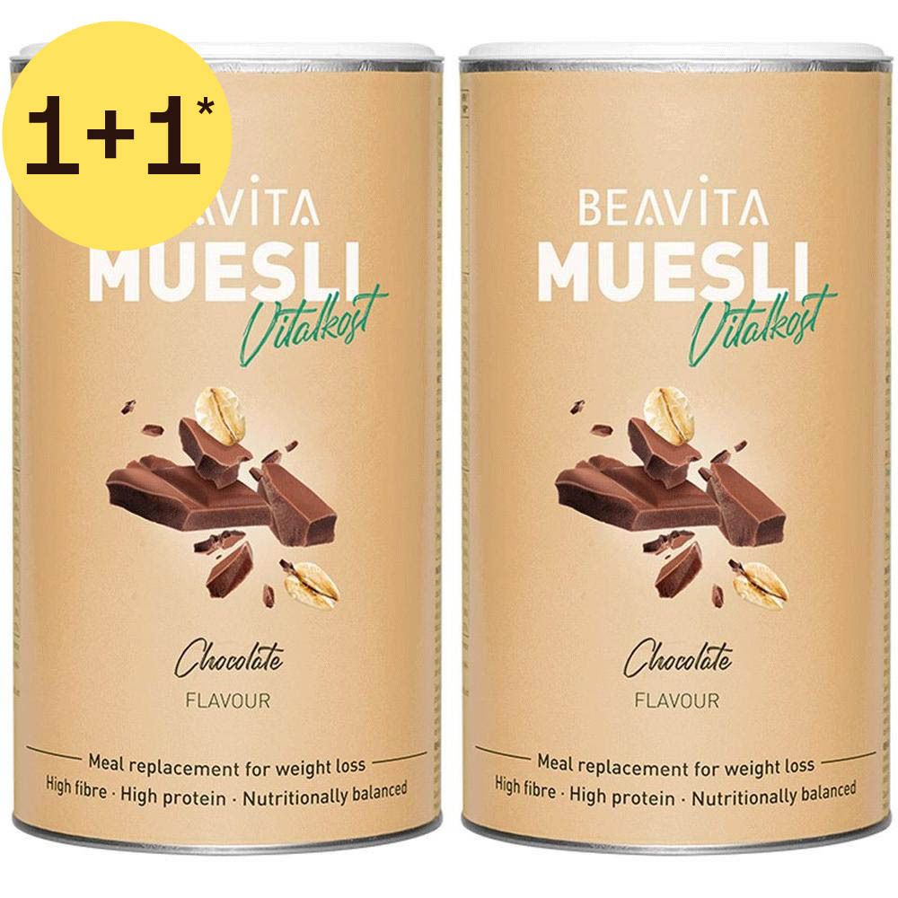 Deux boîtes de muesli au chocolat BEAVITA, "Vital kost". Offre "1+1". Substitut de repas pour la perte de poids.