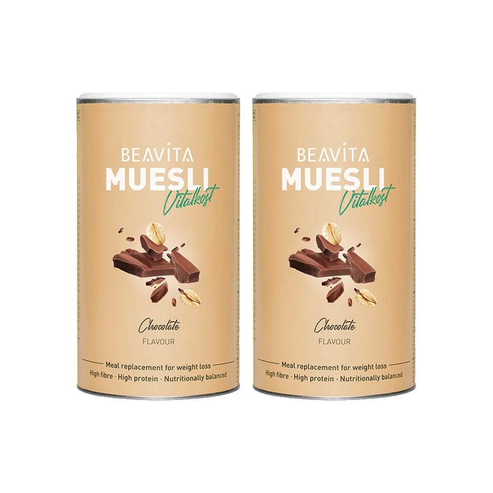 Deux boîtes de muesli BEAVITA, saveur chocolat. Inscription : Muesli Vitalkost, Schokolade, Meal replacement for weight loss.