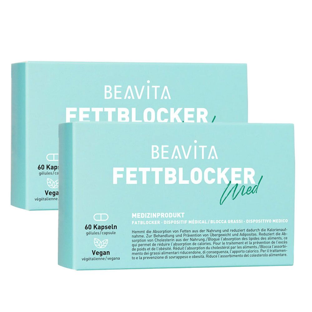 Deux boîtes bleu clair avec l'inscription BEAVITA FETTBLOCKER. Sur une boîte, il est écrit "Med". Inscription : 60 gélules, Vegan.