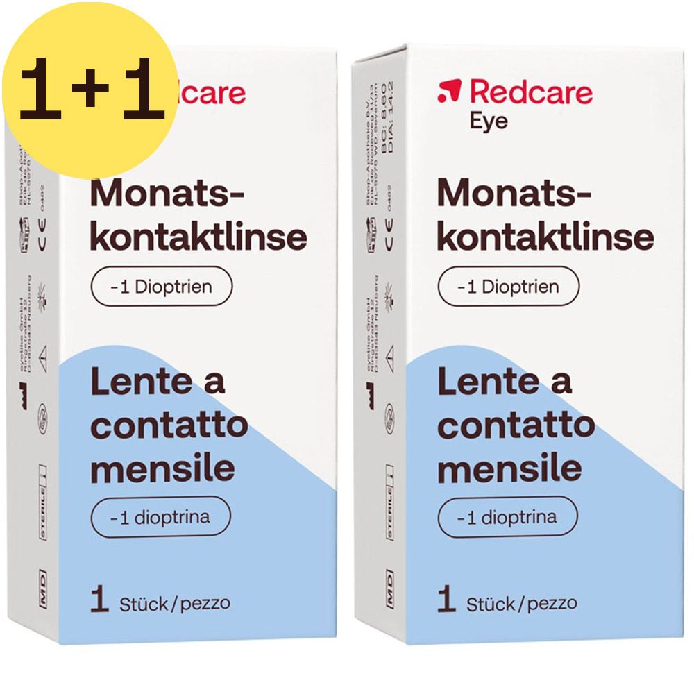 Deux boîtes de lentilles mensuelles Redcare Eye. Inscription : -1 dioptrie, 1 pièce/boîte.