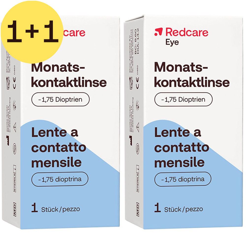 Boîtes de lentilles de contact. Redcare Eye Monatskontaktlinse. -1,75 dioptries. 1+1 gratuit.