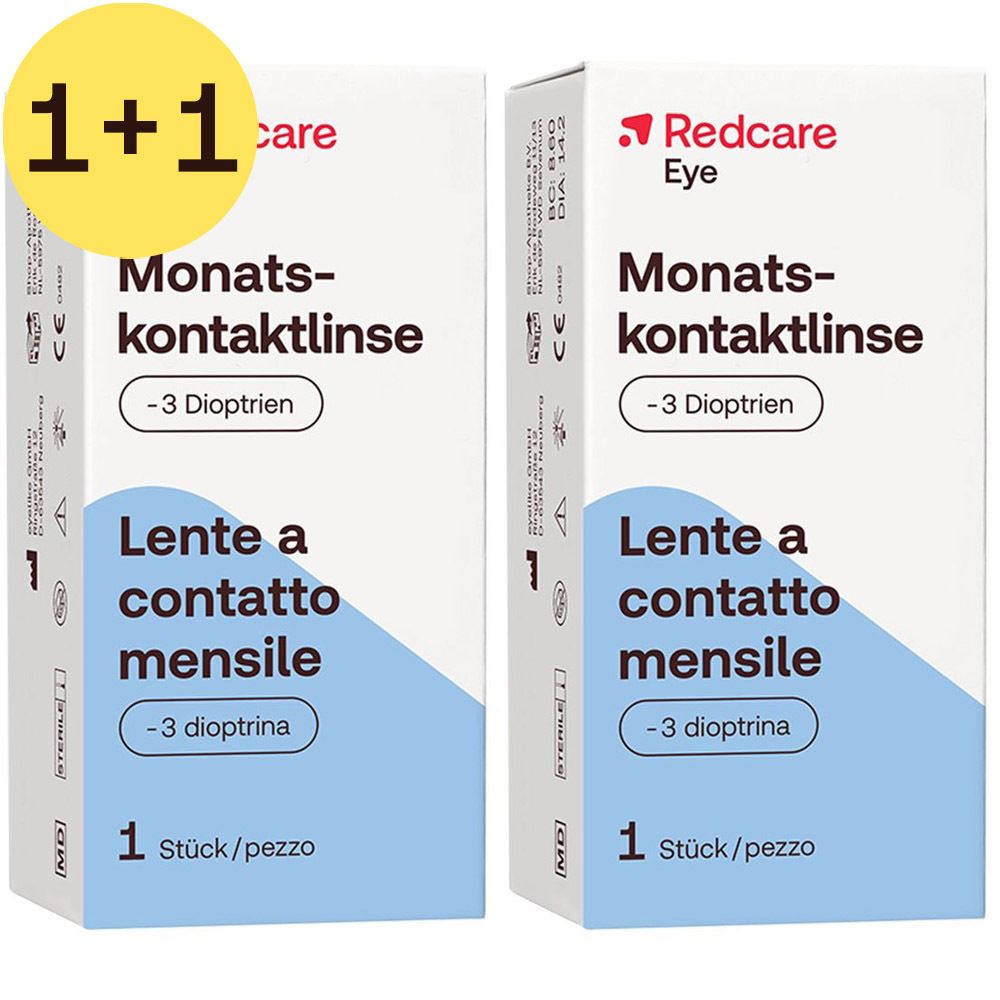 Deux boîtes de lentilles. Inscription: Redcare Eye, Monatskontaktlinse, -3 Dioptrien, 1 Stück/pezz.