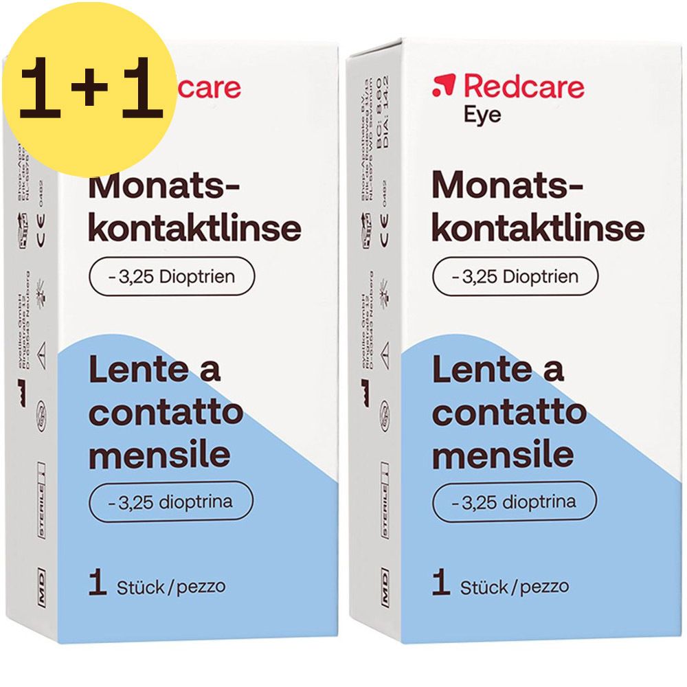 Deux boîtes de lentilles mensuelles Redcare Eye. Inscription : -3,25 dioptries, 1 pièce/boîte.