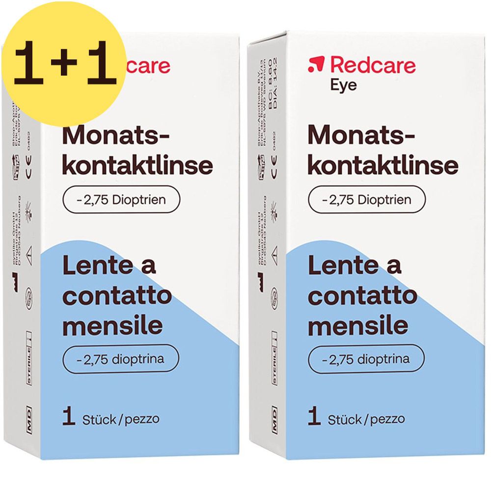 Deux boîtes de lentilles de contact mensuelles Redcare Eye. Inscription : -2,75 dioptries, 1 pièce/boîte.