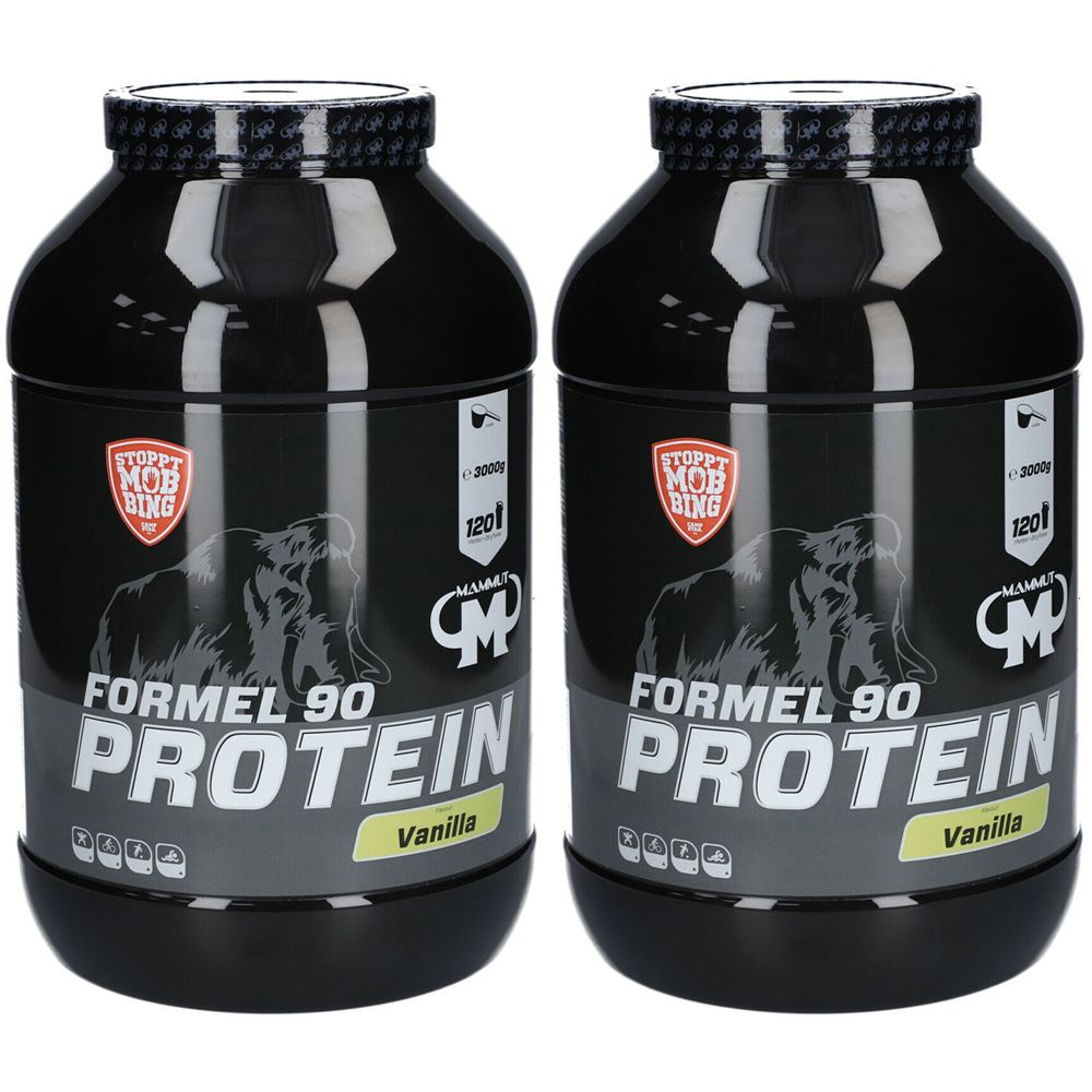 Deux boîtes noires avec l'inscription "FORMEL 90 PROTEIN Vanilla". Chaque boîte porte un logo et l'inscription "MOB BING".
