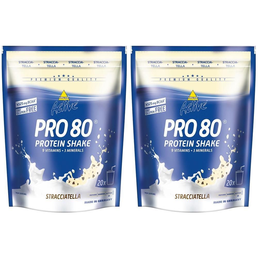 Deux sachets Inkospor Active Pro 80 Protein Shake Stracciatella. Emballage bleu, texte blanc, illustration produit.