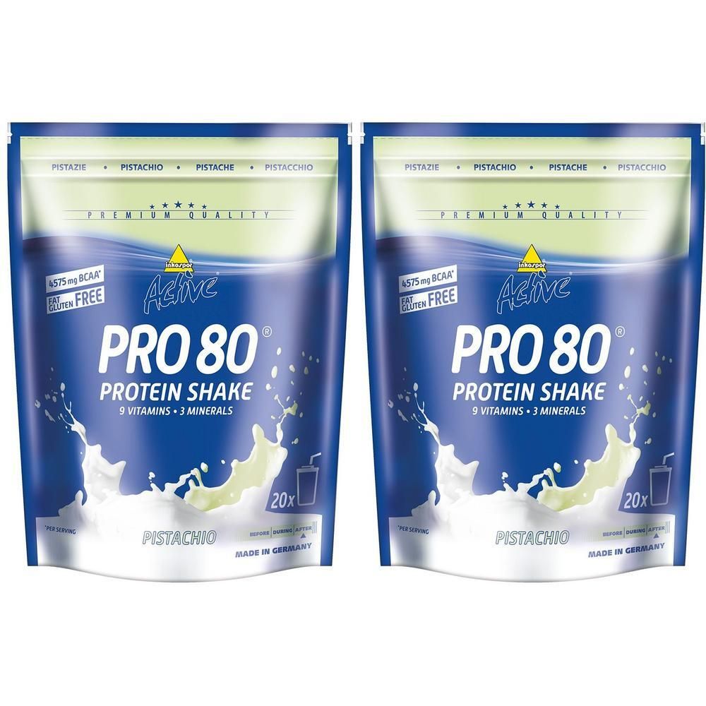 Deux sachets Inkospor Active Pro 80 Pistache. Emballage bleu avec texte blanc. Contient Protein Shake, 9 vitamines, 3 minéraux.