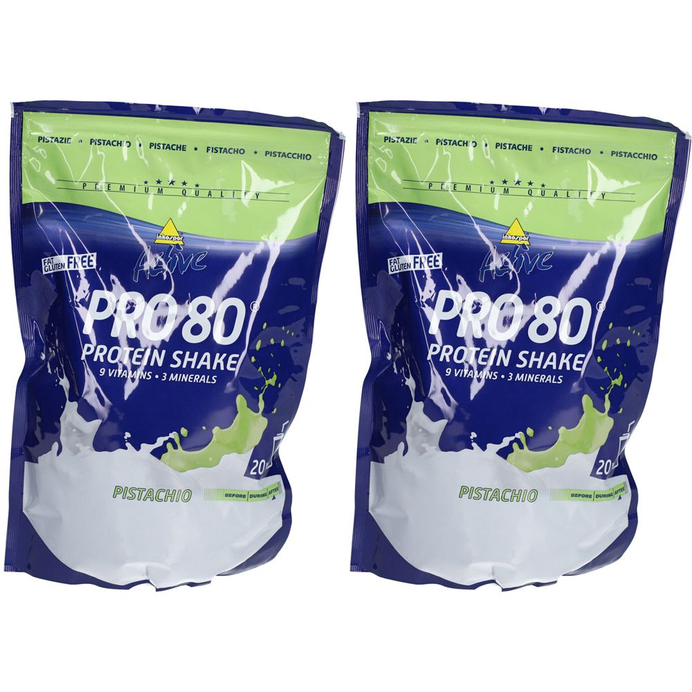 Deux sachets de Inkospor Active Pro 80 Protein Shake Pistache. Emballage bleu avec texte blanc. Contient 9 vitamines et 3 minéraux.