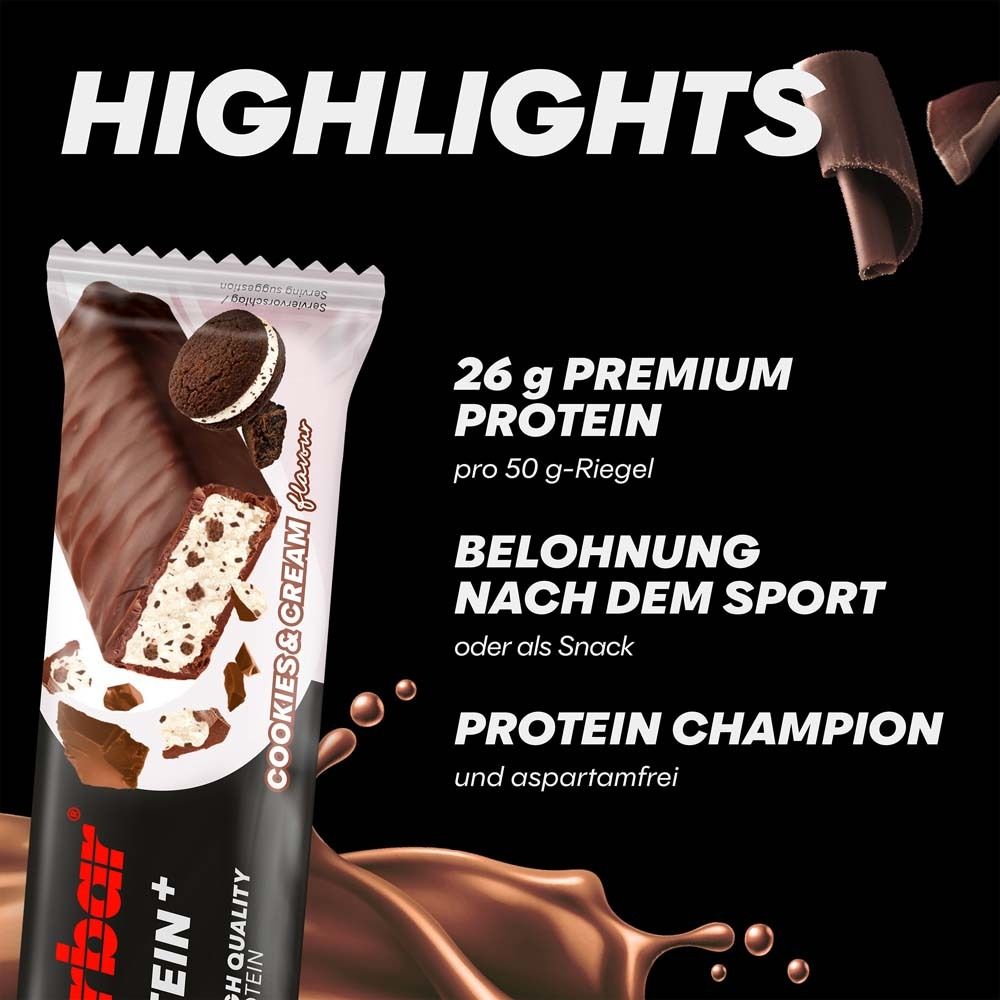 Barre Powerbar 52% Protein Plus, Cookies & Cream. Texte: 26g Premium Protein, récompense après le sport.
