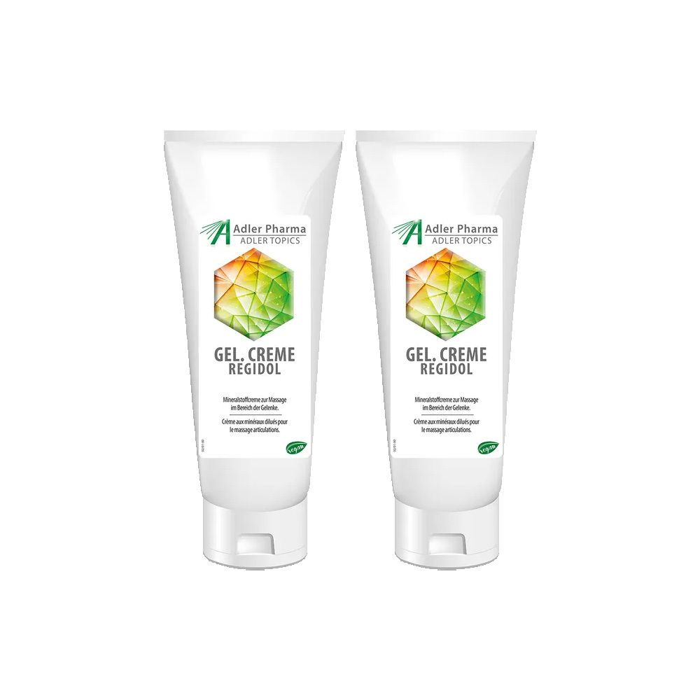 Deux tubes blancs avec impression du produit. Inscription : GEL. CREME REGIDOL. Logo Adler Pharma.