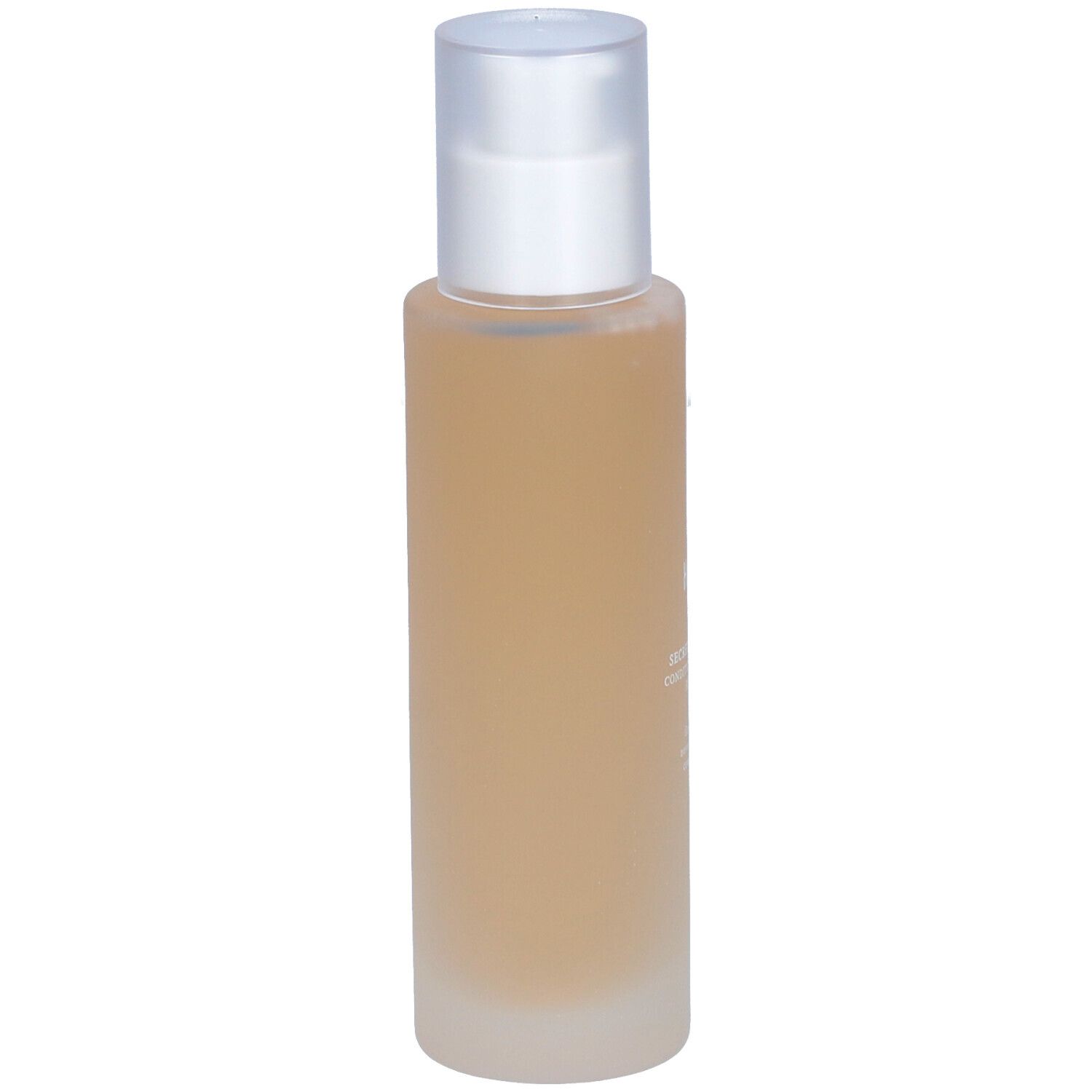 Flacon cylindrique avec contenu transparent et bouchon argenté. Inscription illisible. Flacon debout.