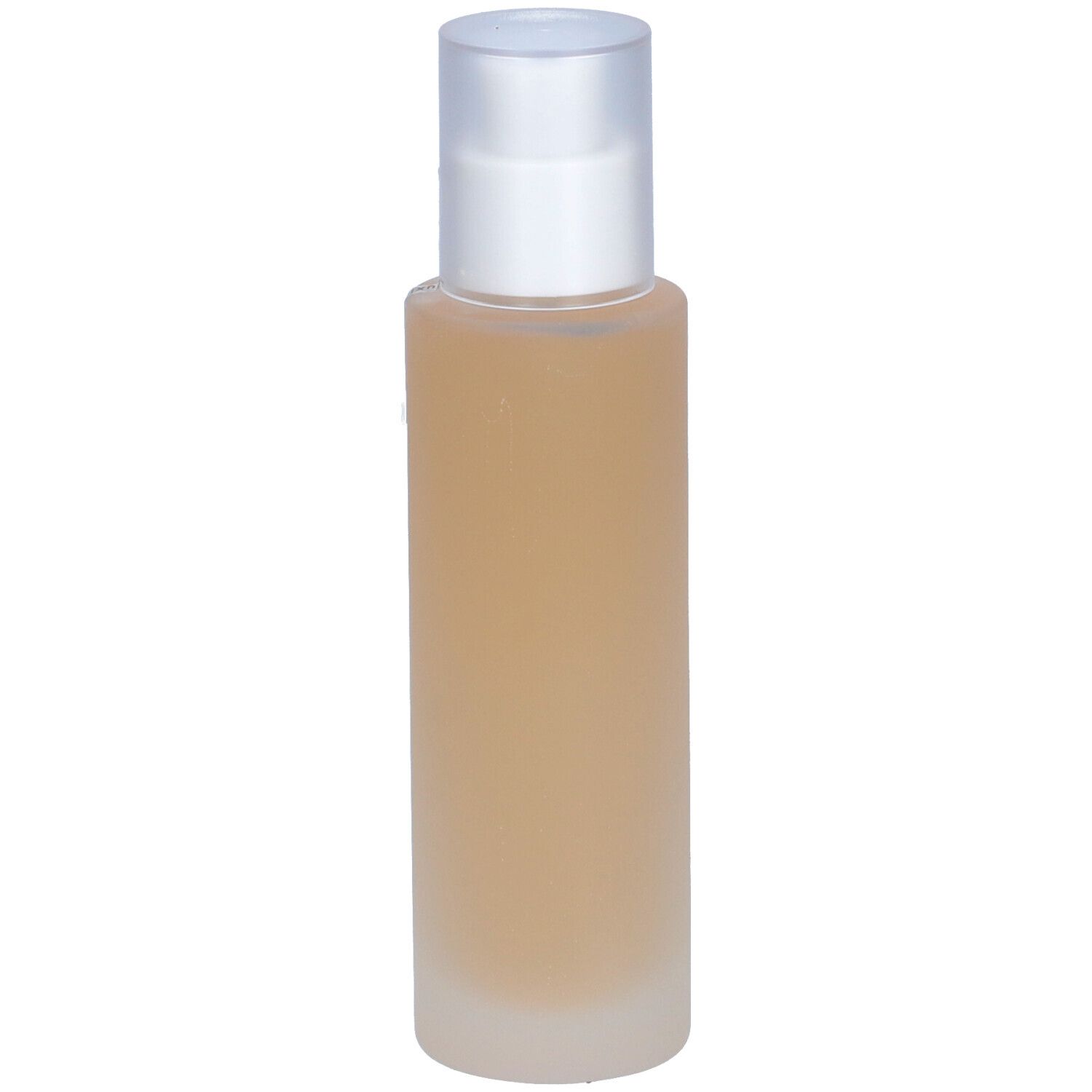 Flacon cylindrique avec contenu transparent et bouchon argenté. Inscription illisible. Flacon debout.