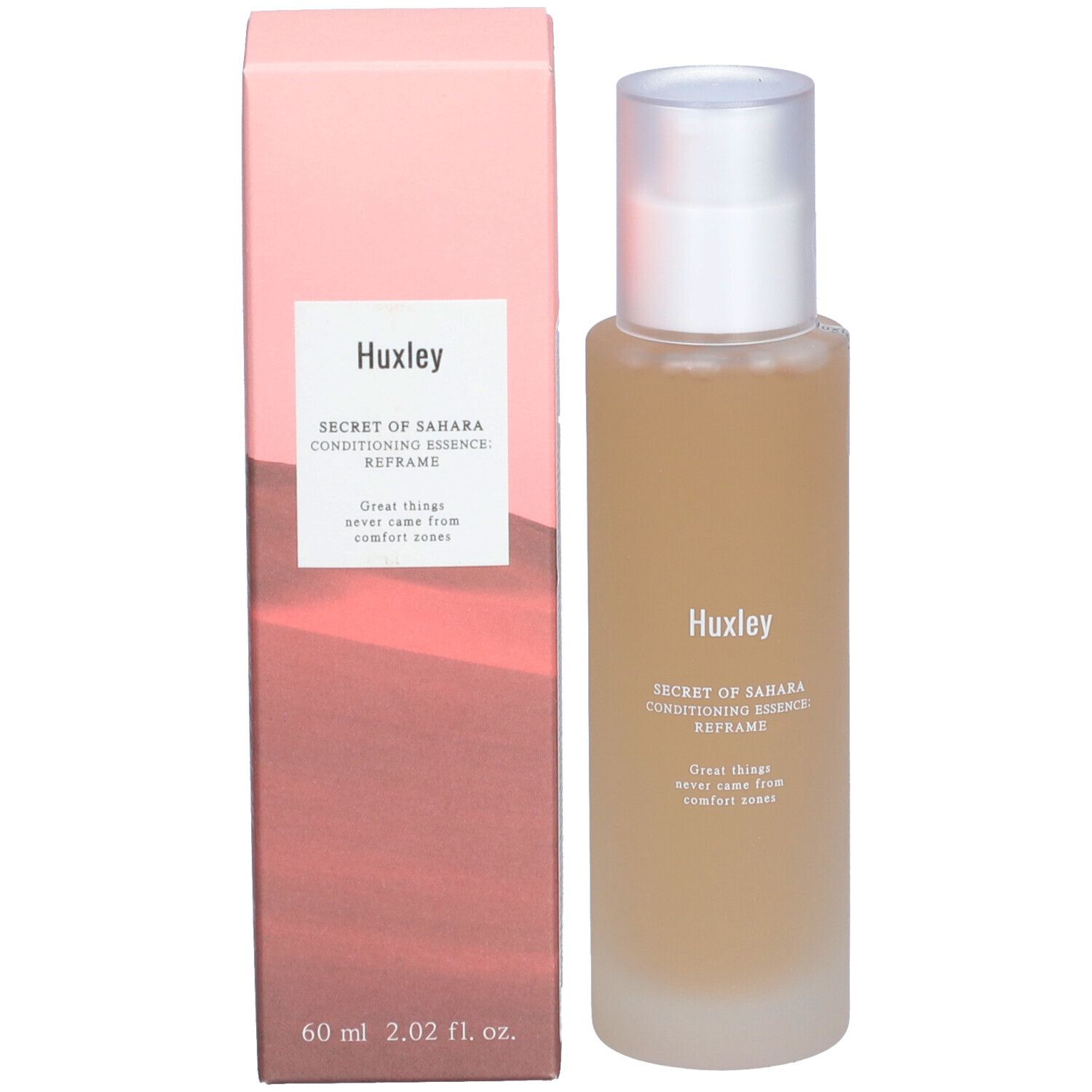 Flacon et emballage. Flacon: Huxley Secret of Sahara Conditioning Essence Reframe. Emballage: Rose-brun, texte.