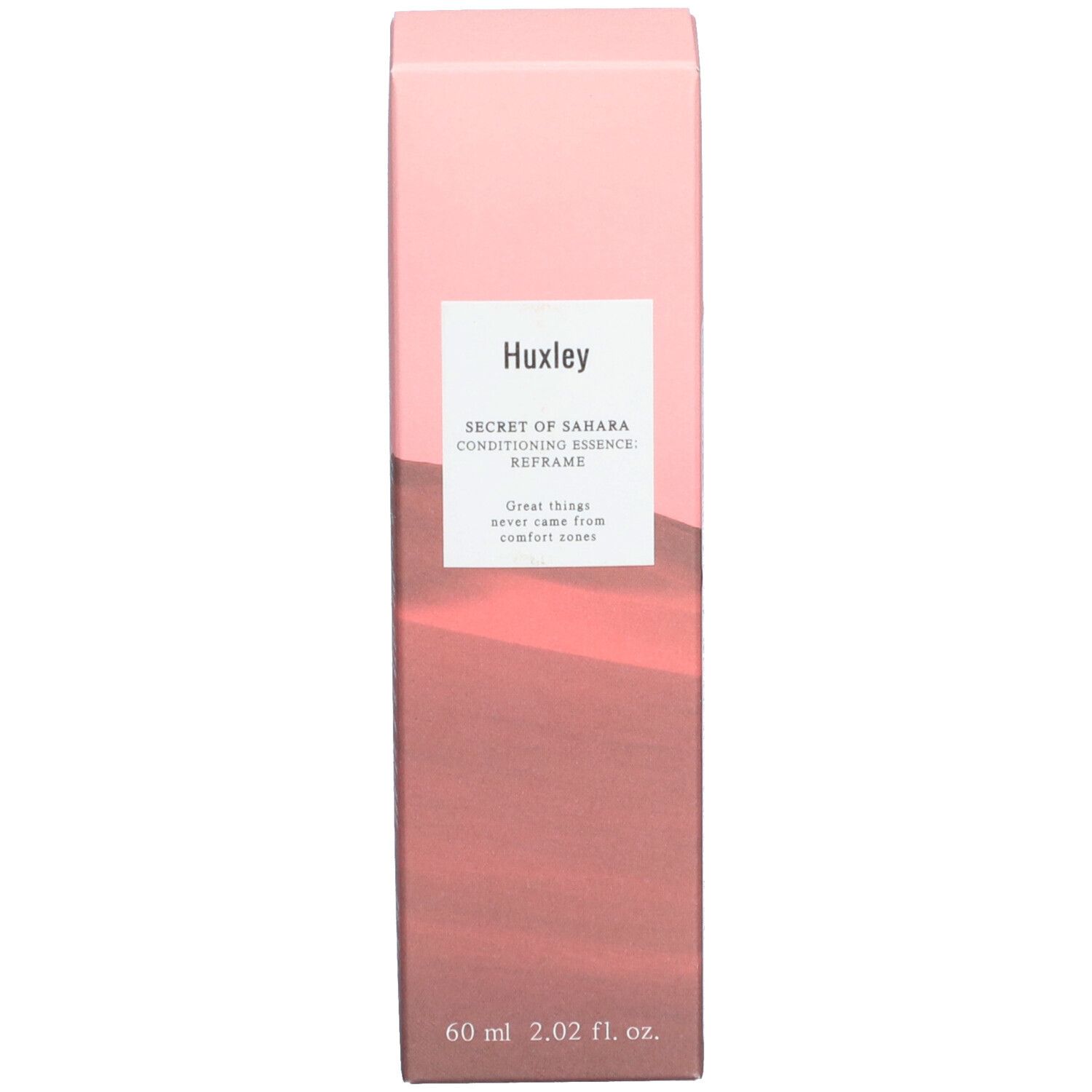 Emballage du produit. Boîte rectangulaire rose-brun. Inscription: Huxley Secret of Sahara Conditioning Essence Reframe. Texte.