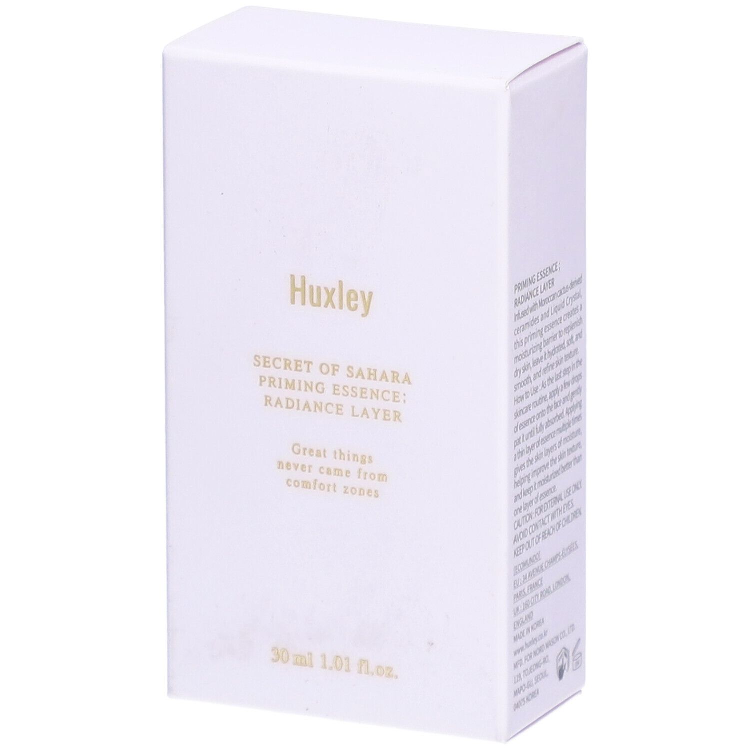Boîte blanche avec logo Huxley et nom du produit. Inscription: RADIANCE LAYER PRIMING ESSENCE. Contenance: 30 ml.