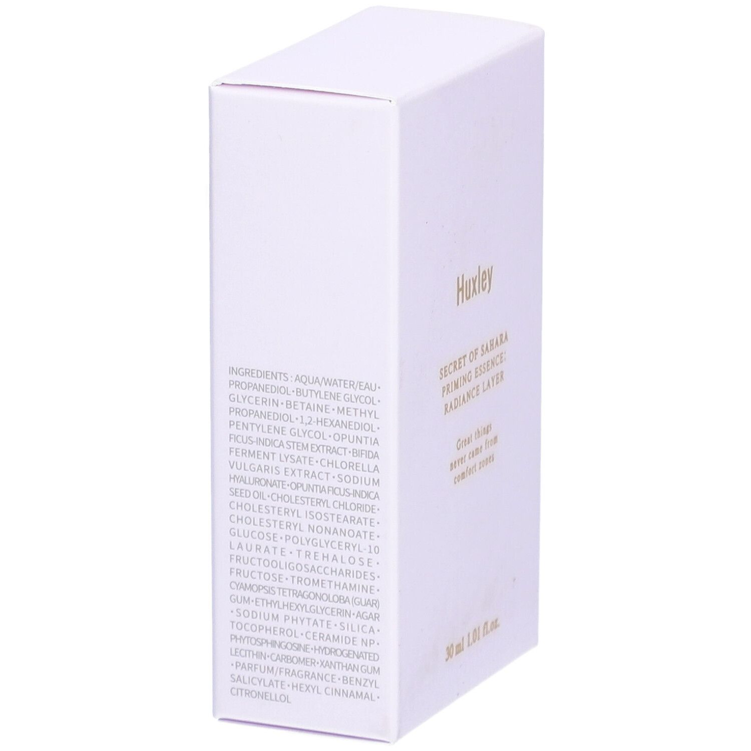 Boîte blanche avec liste des ingrédients. Huxley RADIANCE LAYER PRIMING ESSENCE. Contenance: 30 ml.