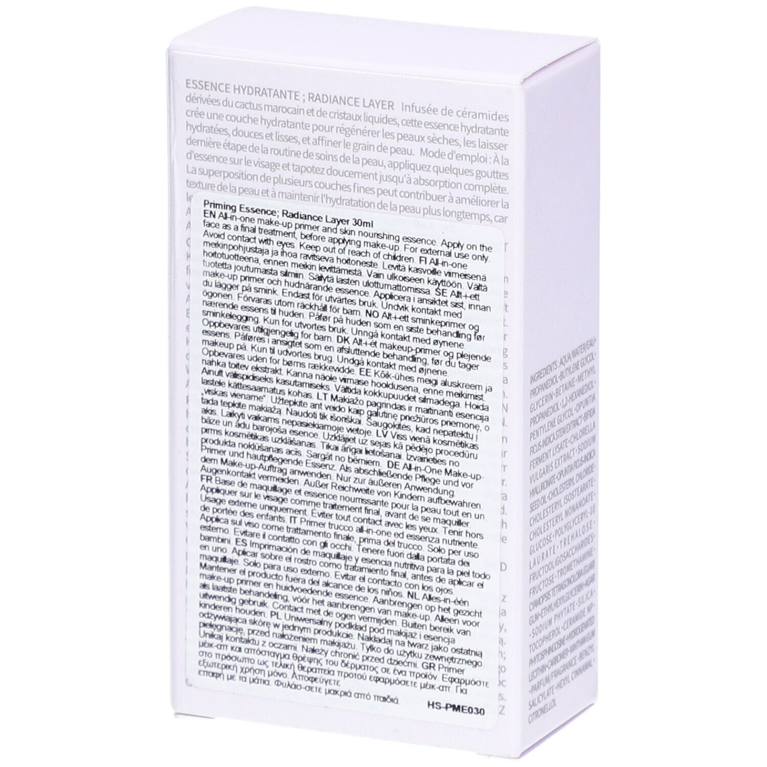 Boîte blanche avec texte multilingue. Huxley RADIANCE LAYER PRIMING ESSENCE. Contenance: 30 ml.