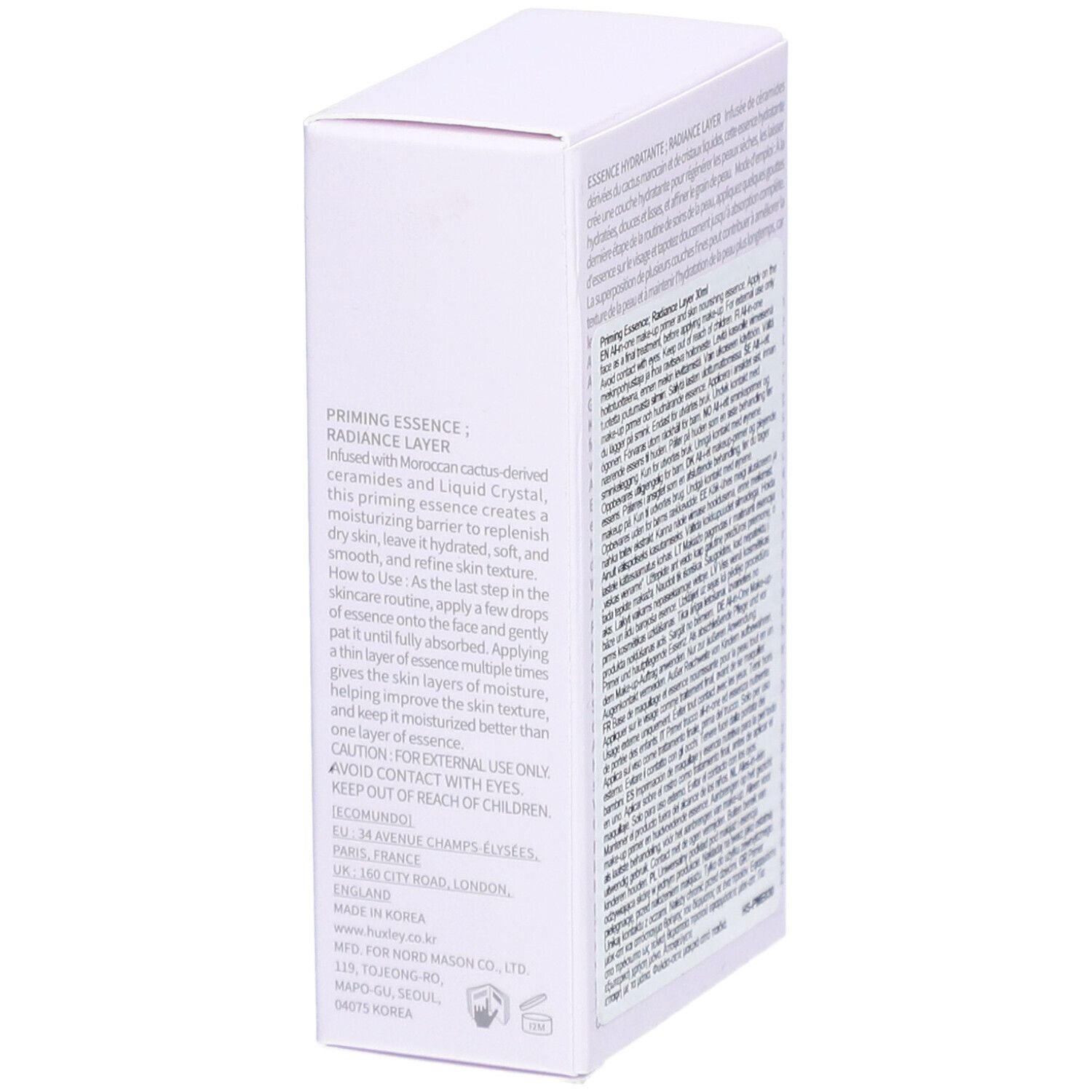 Boîte blanche avec texte multilingue. Huxley RADIANCE LAYER PRIMING ESSENCE. Contenance: 30 ml.