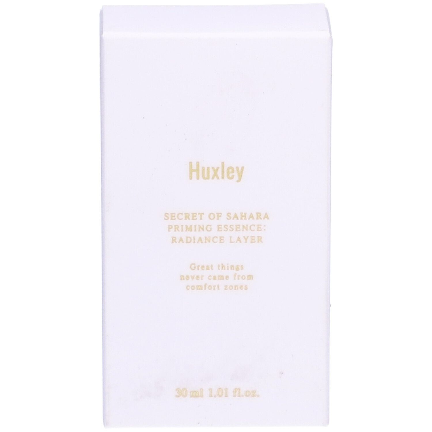 Boîte blanche avec logo Huxley et nom du produit. Inscription: RADIANCE LAYER PRIMING ESSENCE. Contenance: 30 ml.