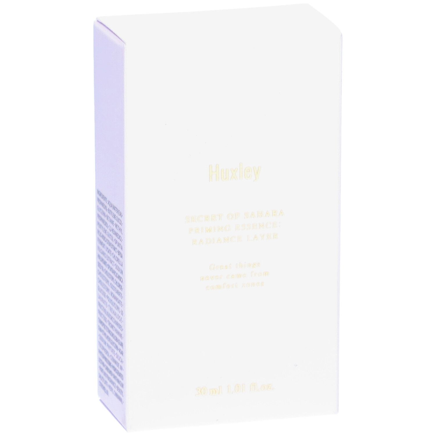 Boîte blanche avec logo Huxley et nom du produit. Inscription: RADIANCE LAYER PRIMING ESSENCE. Contenance: 30 ml.