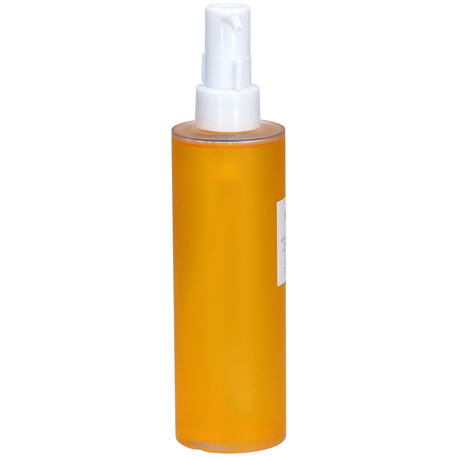 Flacon jaune avec pompe blanche, vue latérale. Marque Huxley.