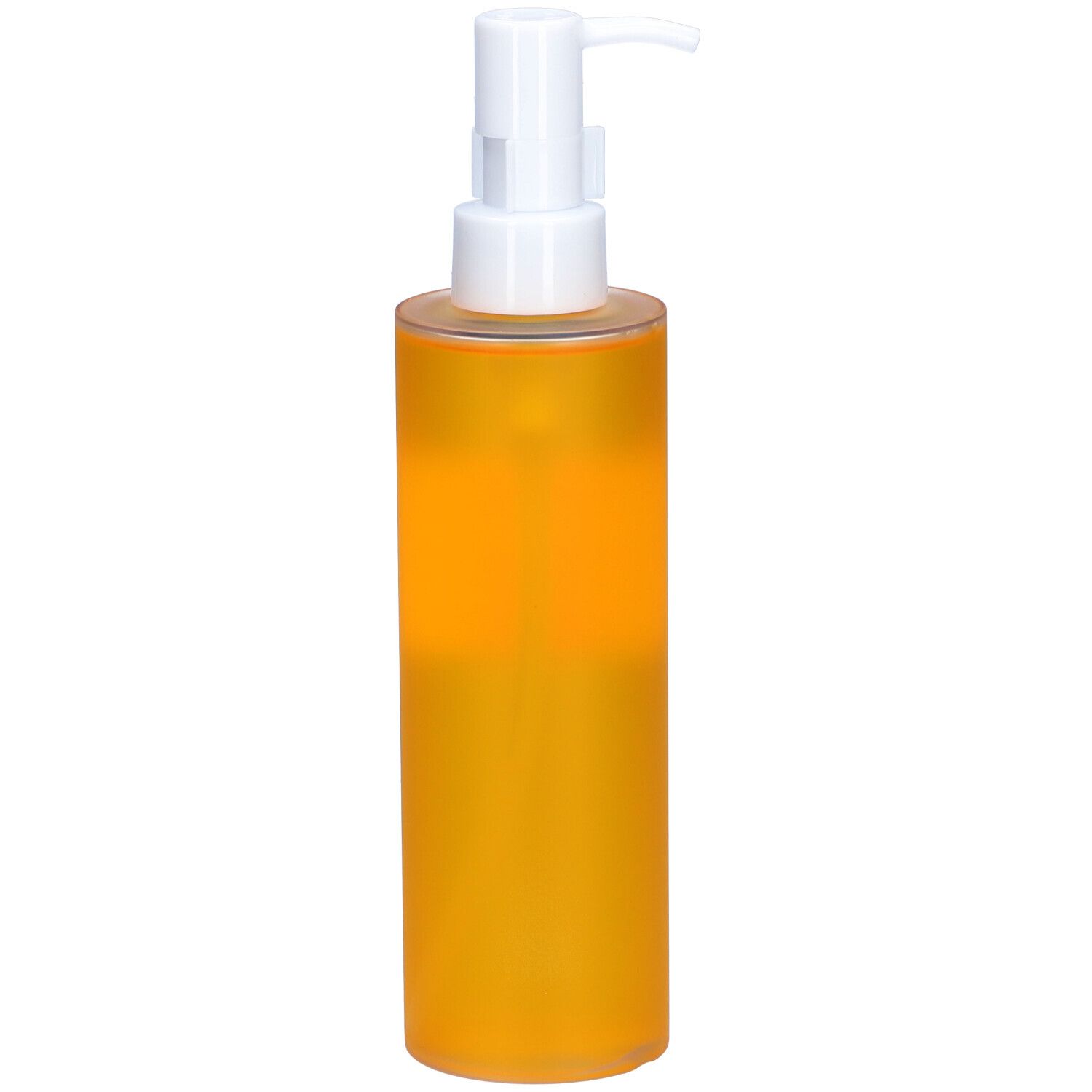 Flacon jaune avec pompe blanche. Informations produit sur l'étiquette.